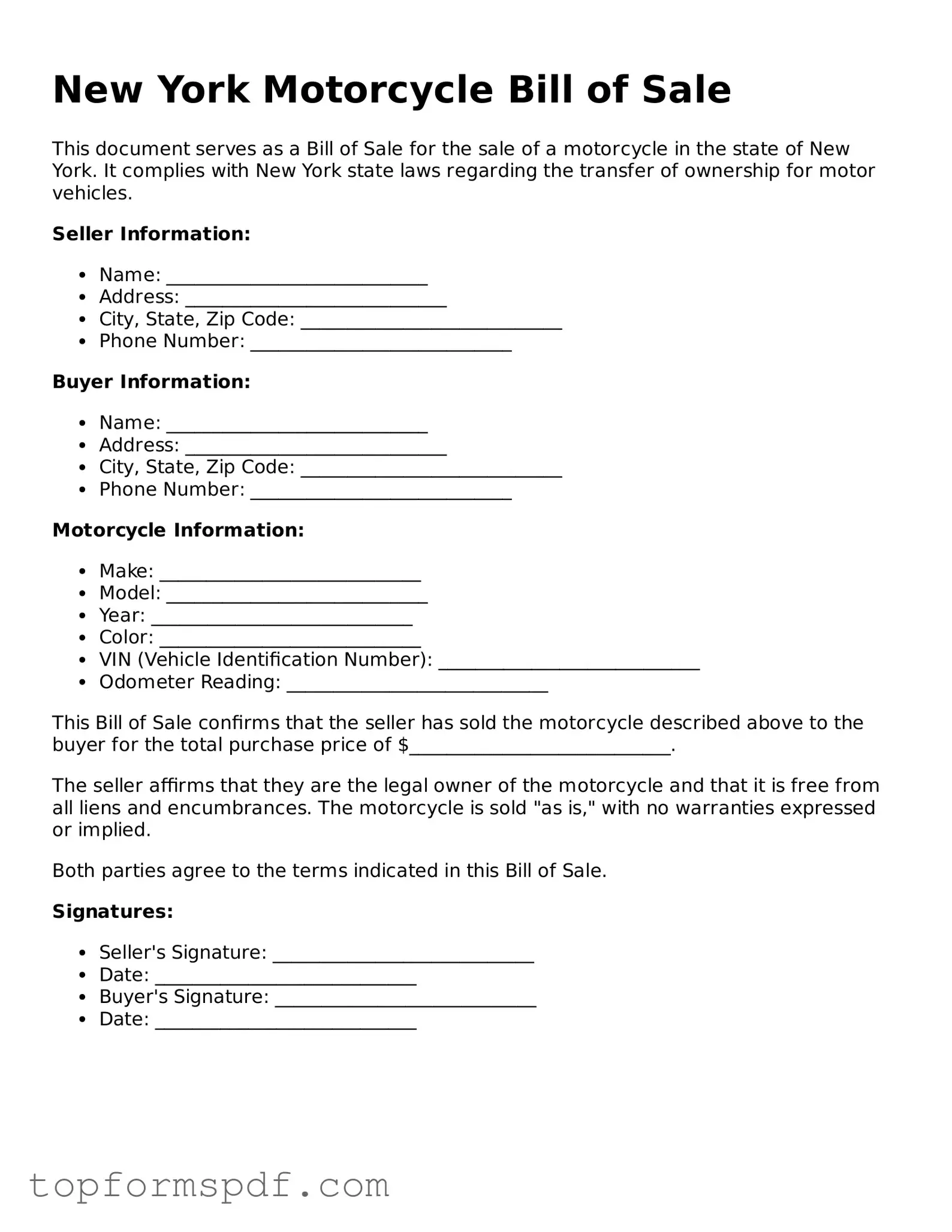 Blank New York Motorcycle Bill of Sale Template