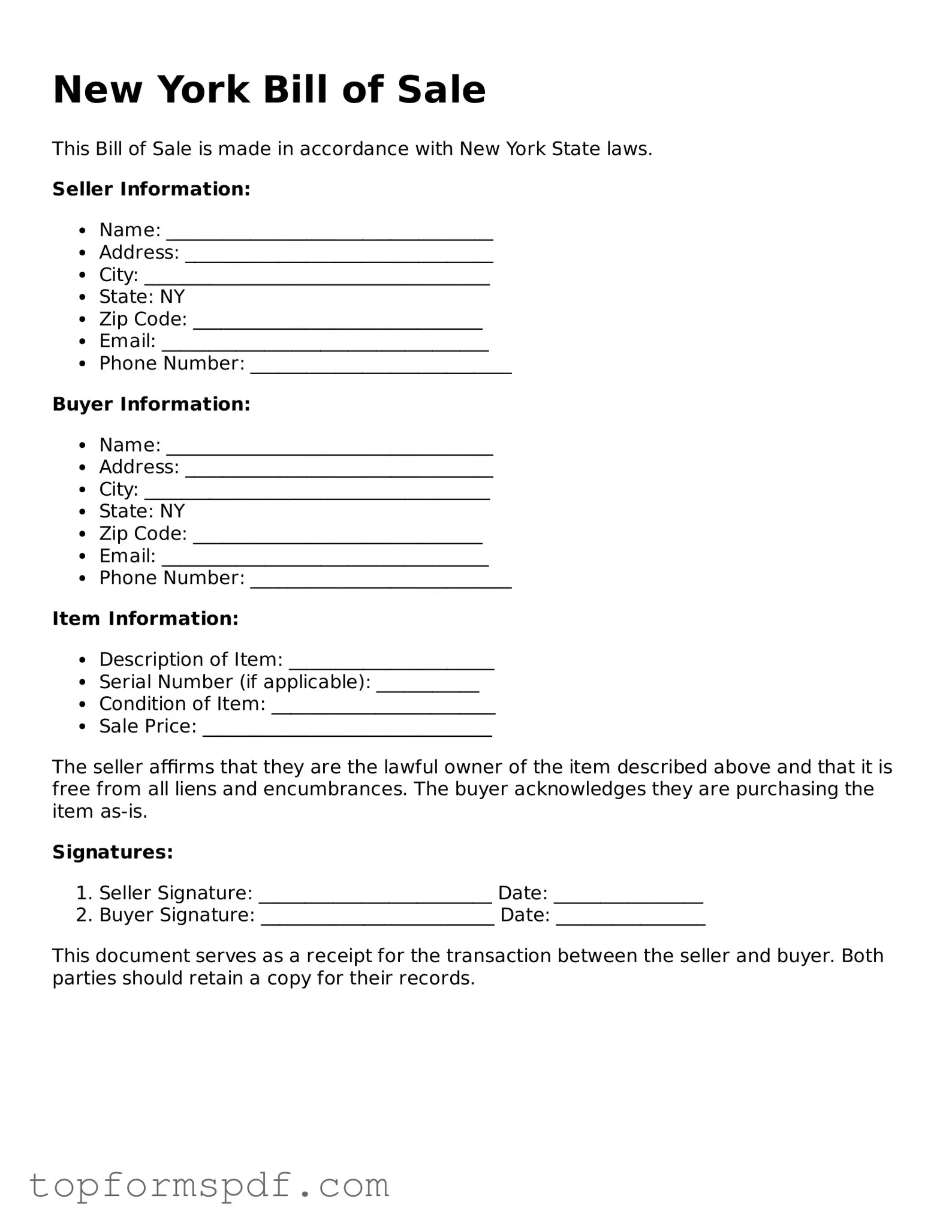 Blank New York Bill of Sale Template