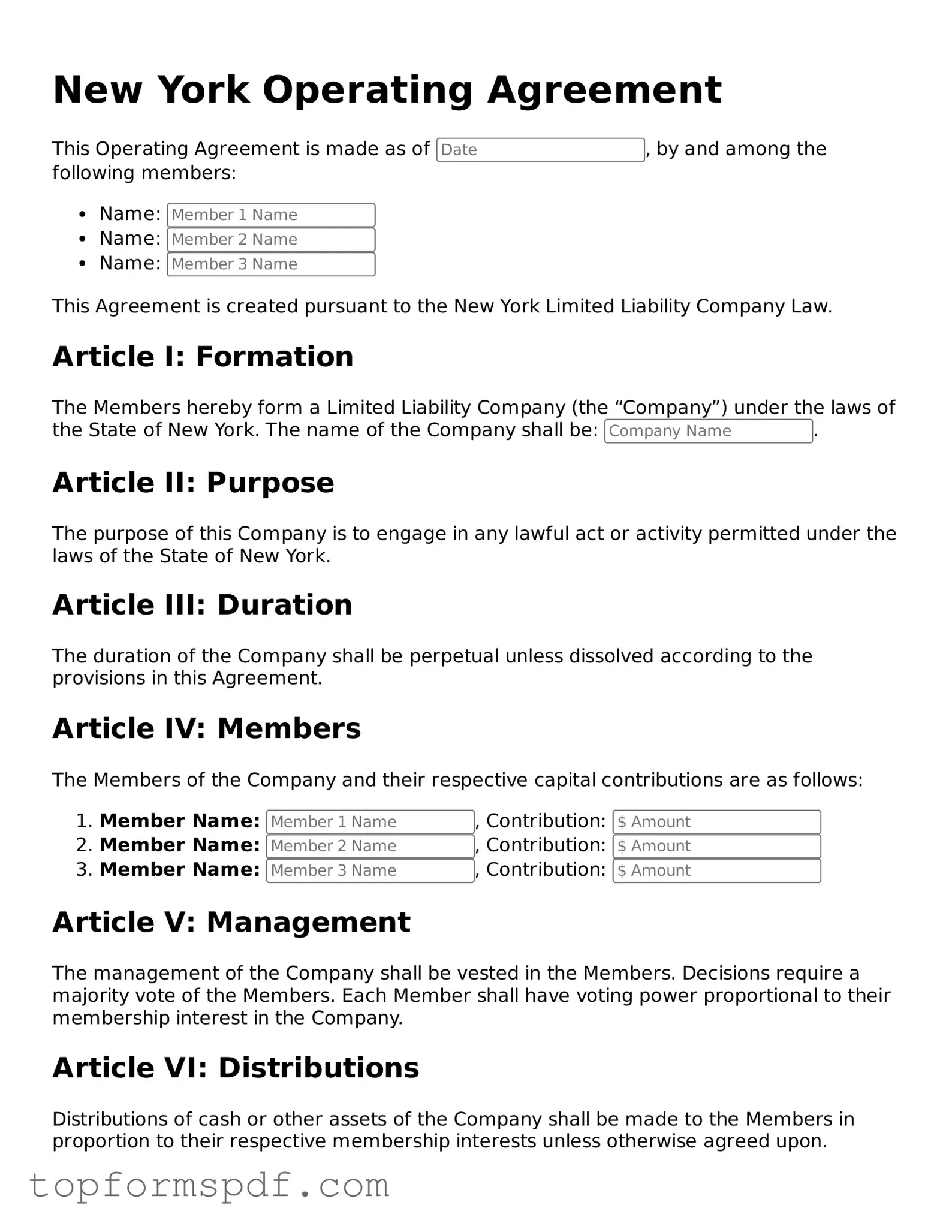 Blank New York Operating Agreement Template