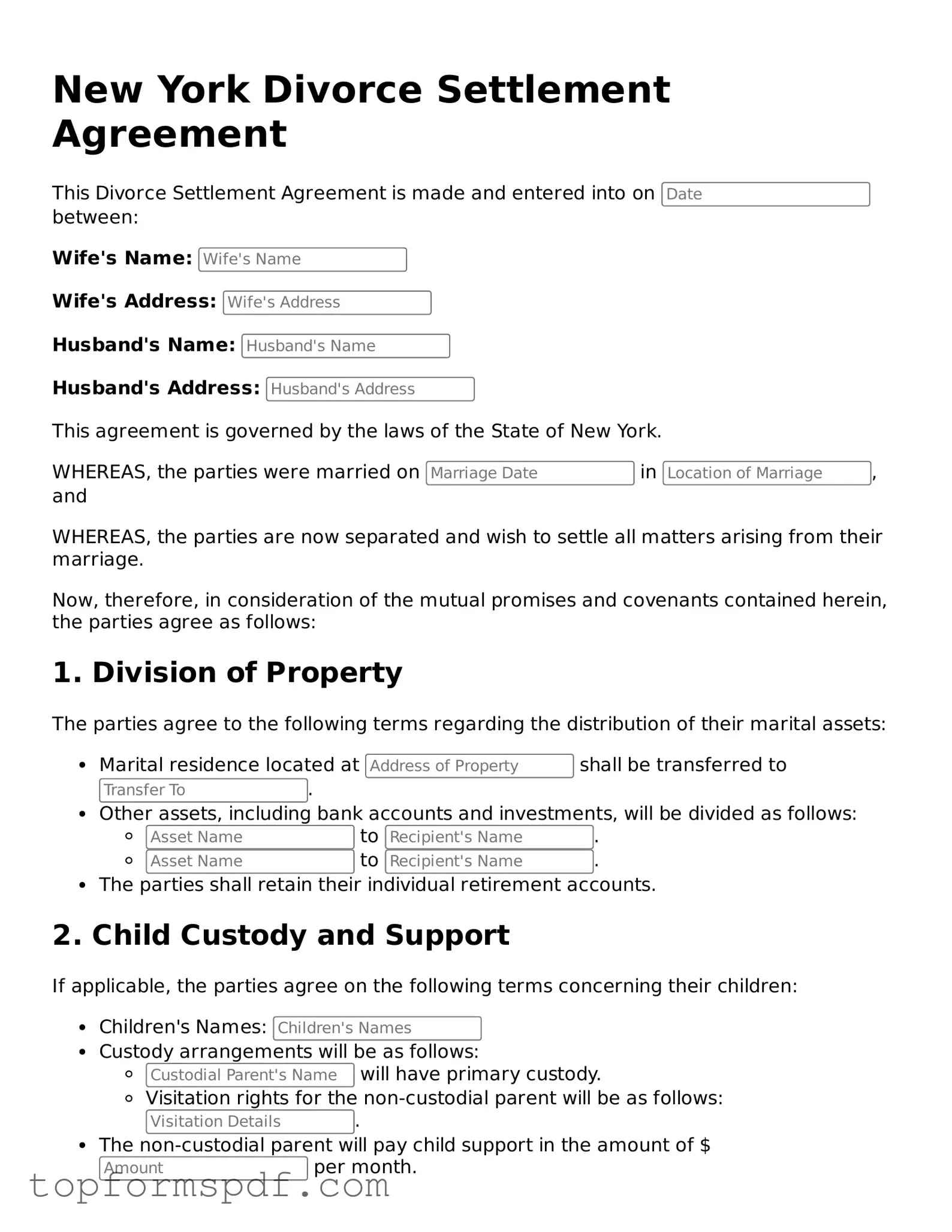 Blank New York Divorce Settlement Agreement Template