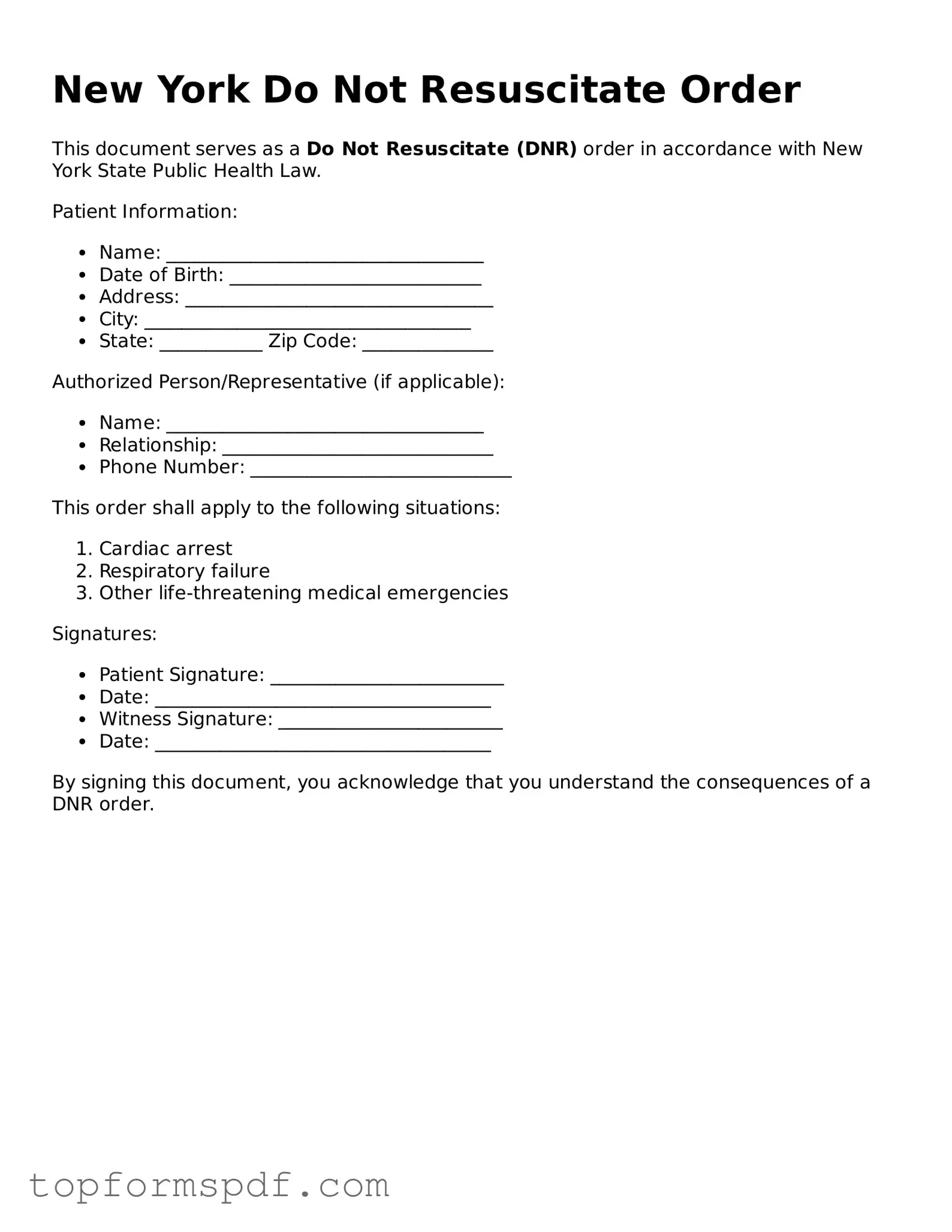 Blank New York Do Not Resuscitate Order Template