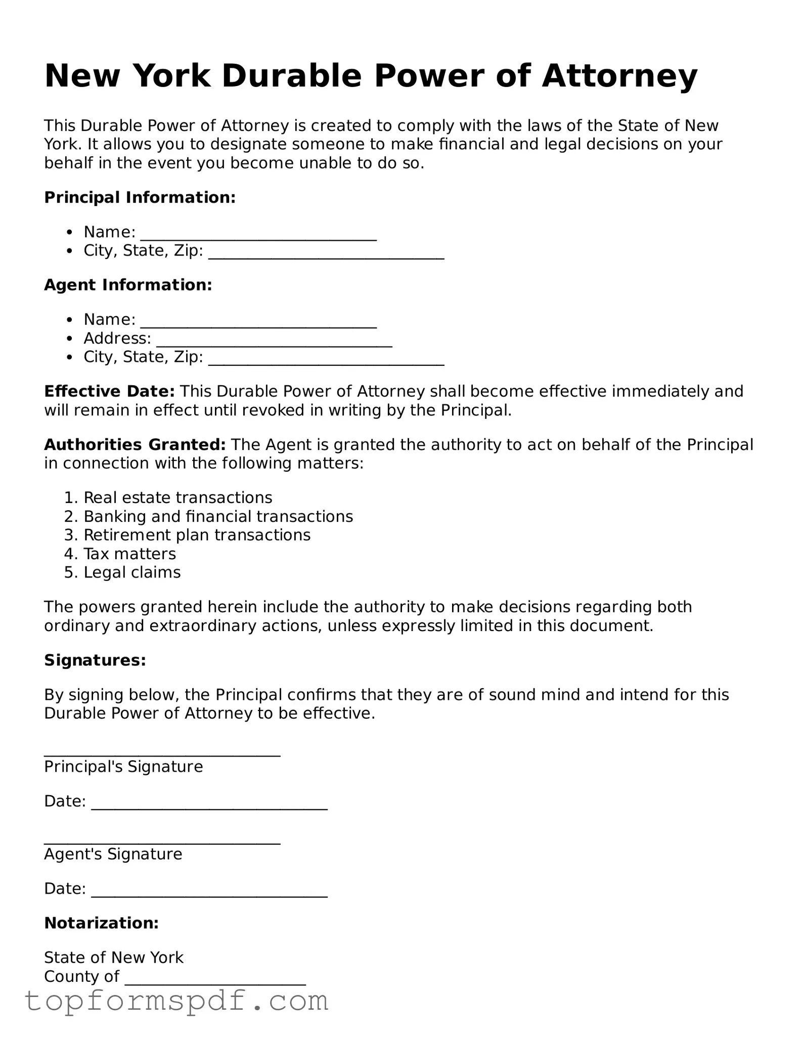 Blank New York Durable Power of Attorney Template