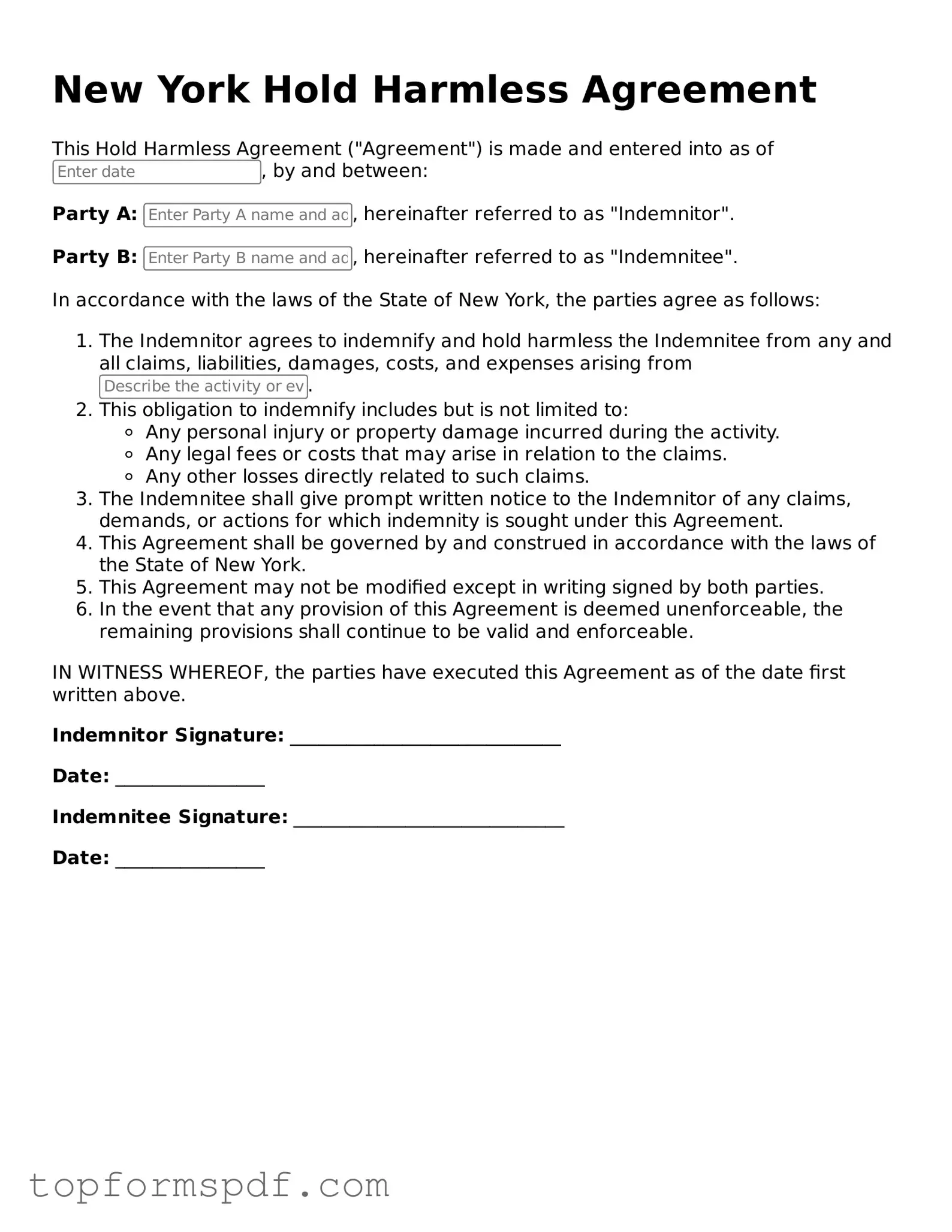 Blank New York Hold Harmless Agreement Template
