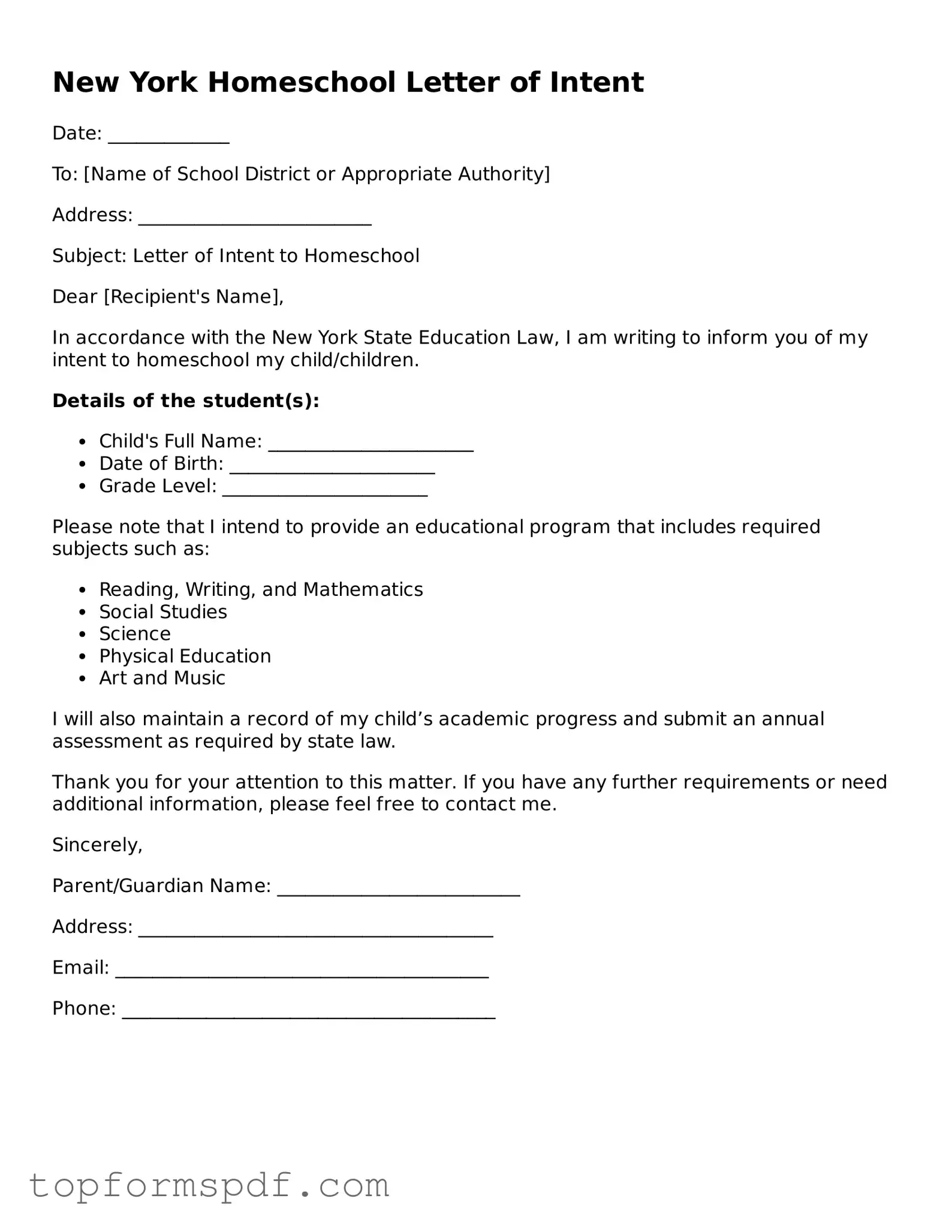Blank New York Homeschool Letter of Intent Template