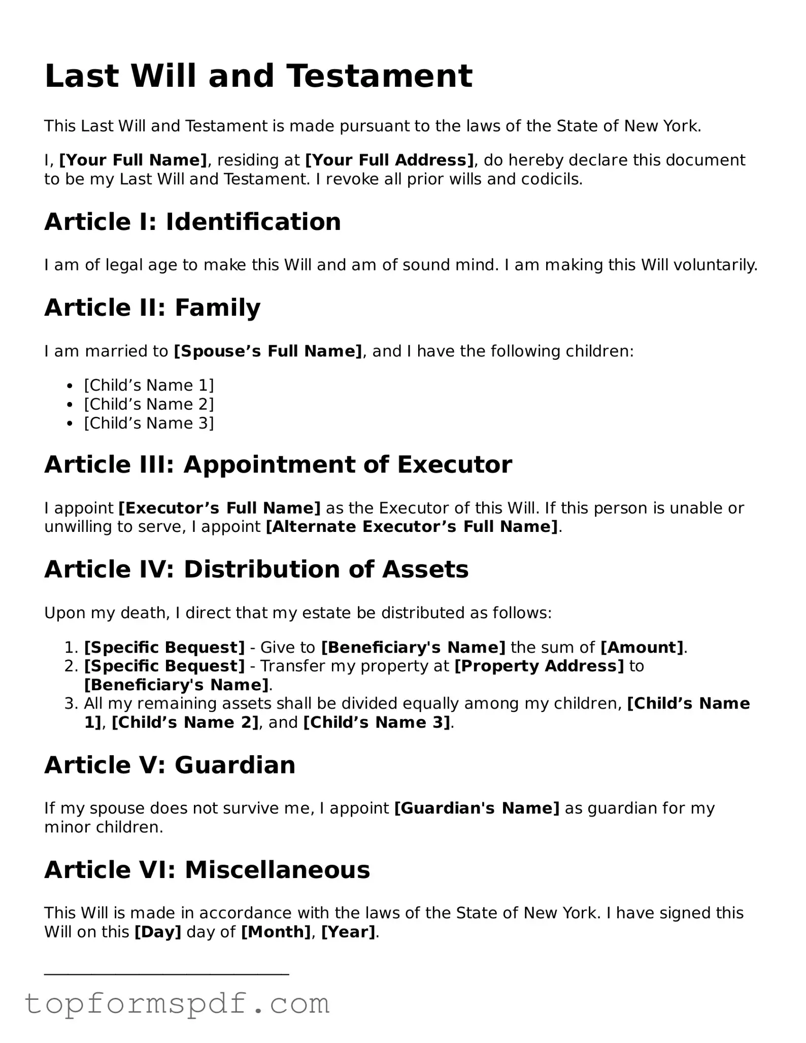 Blank New York Last Will and Testament Template