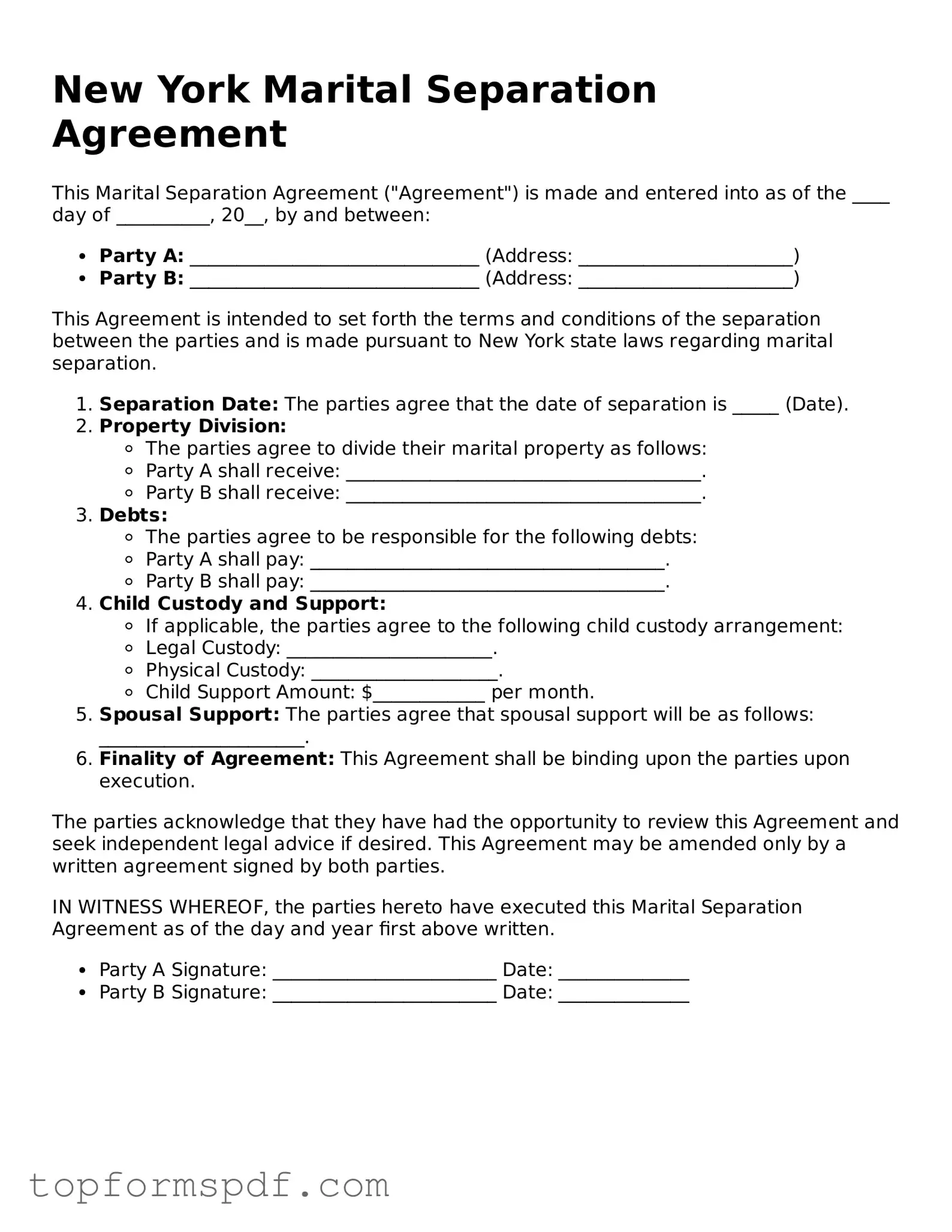 Blank New York Marital Separation Agreement Template