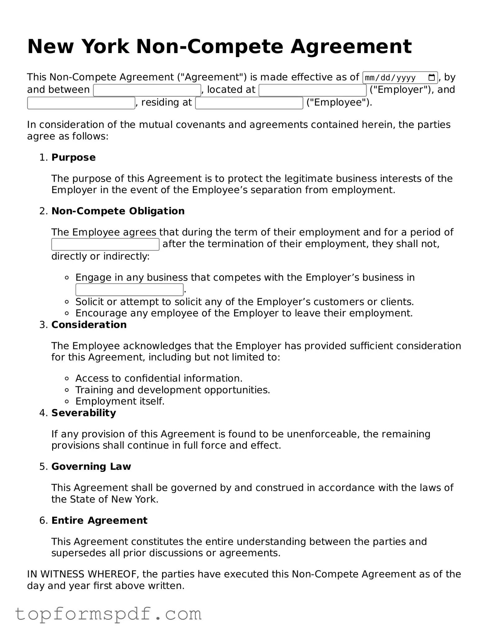 Blank New York Non-compete Agreement Template