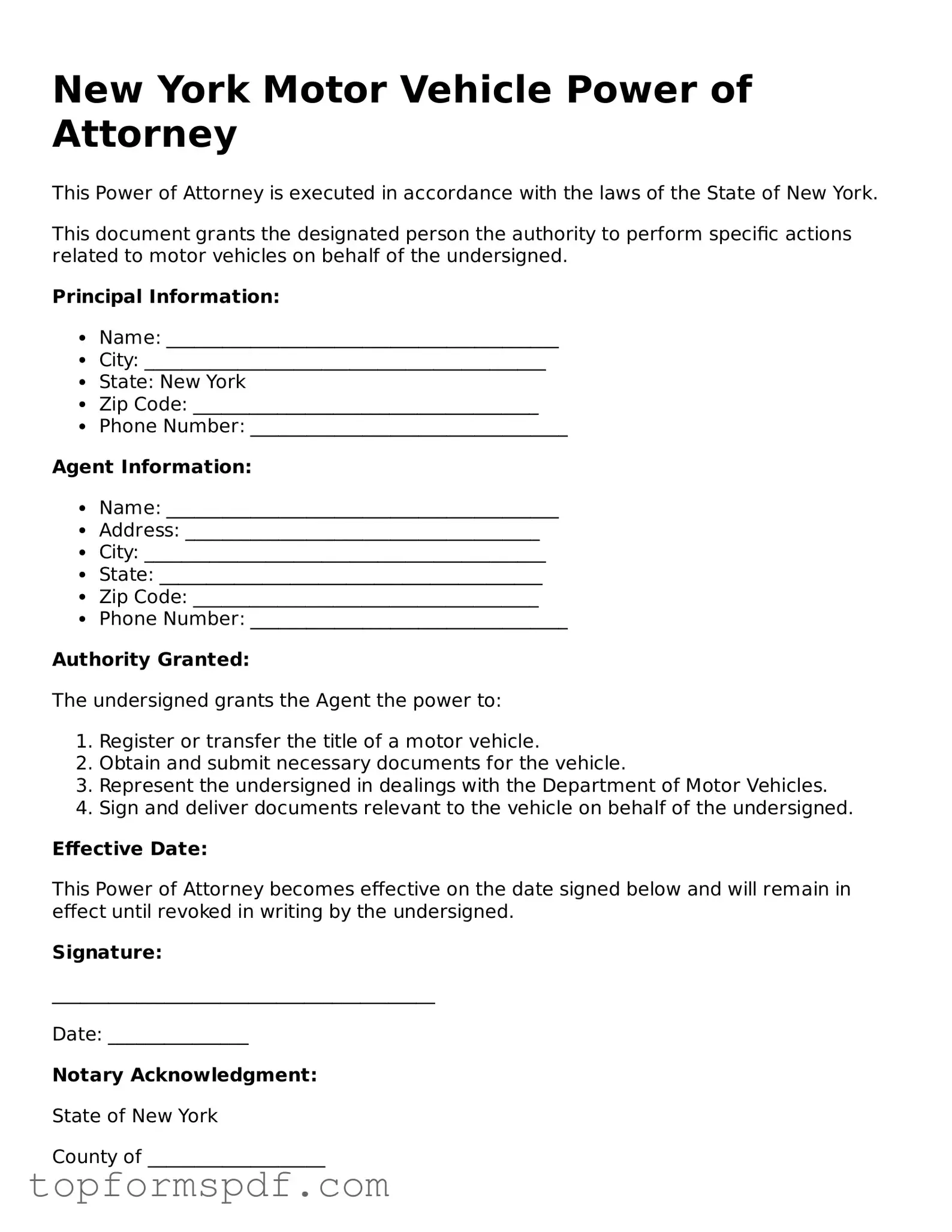 Blank New York Motor Vehicle Power of Attorney Template