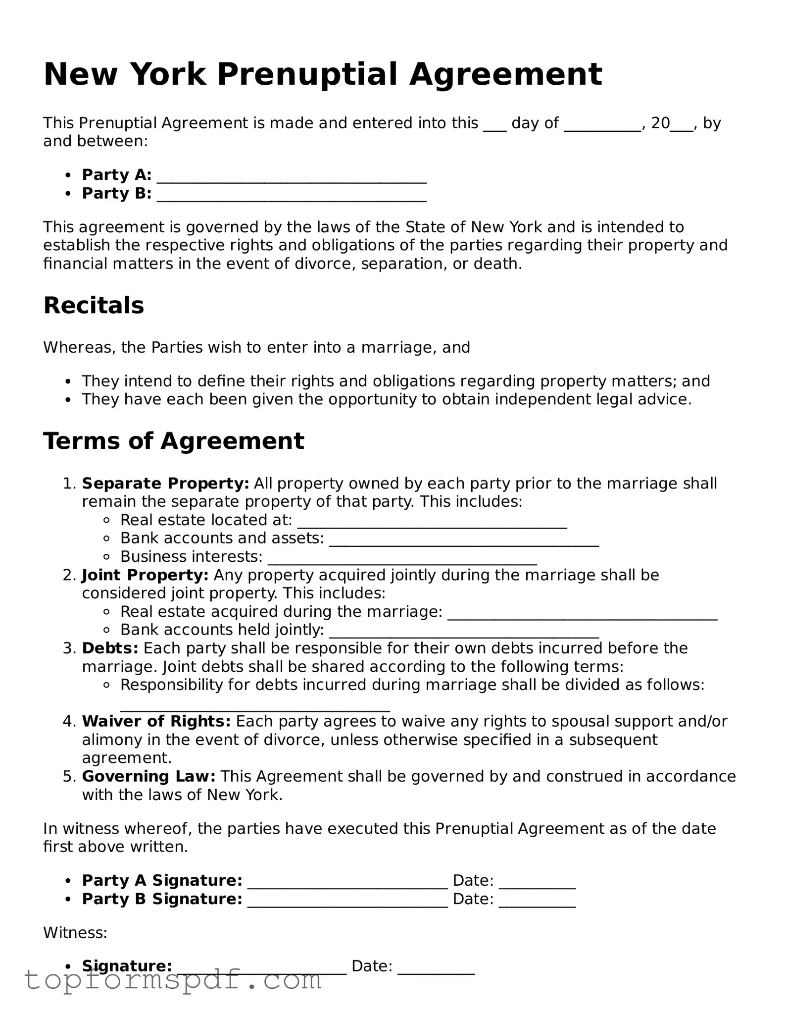 Blank New York Prenuptial Agreement Template