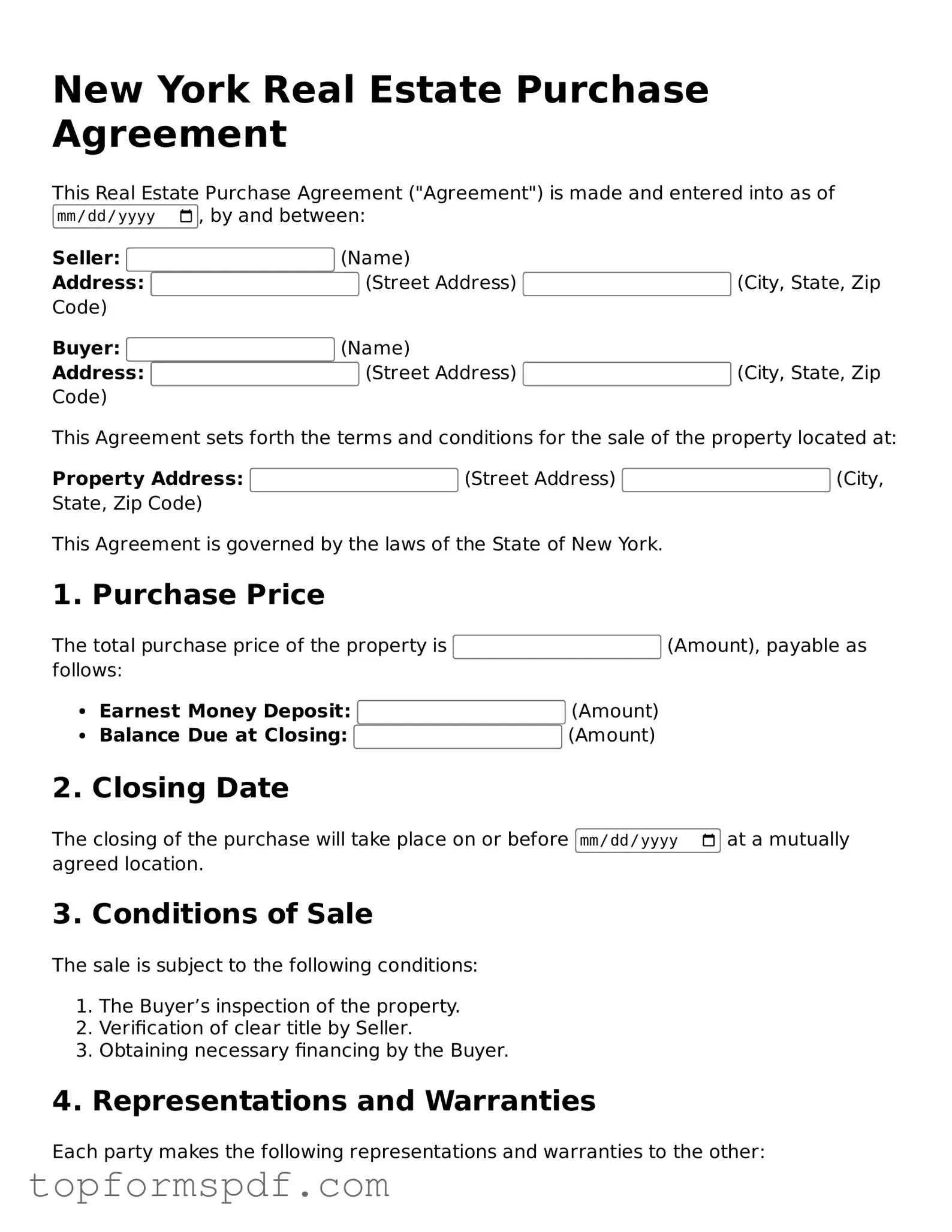 Blank New York Real Estate Purchase Agreement Template