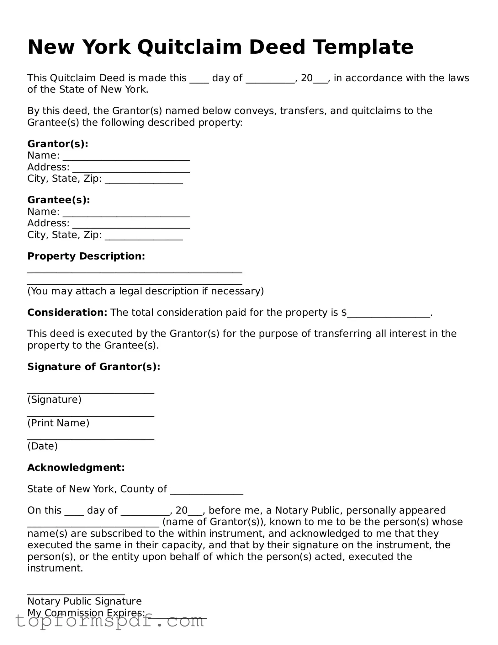 Blank New York Quitclaim Deed Template