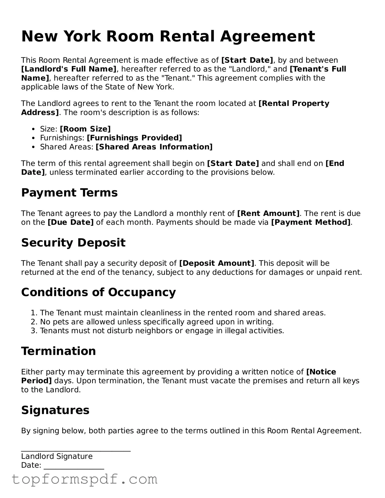 Blank New York Room Rental Agreement Template