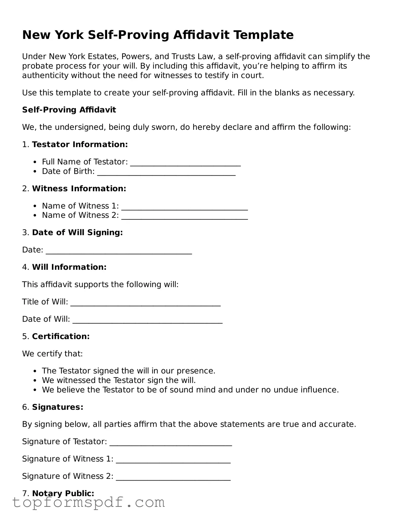 Blank New York Self-Proving Affidavit Template
