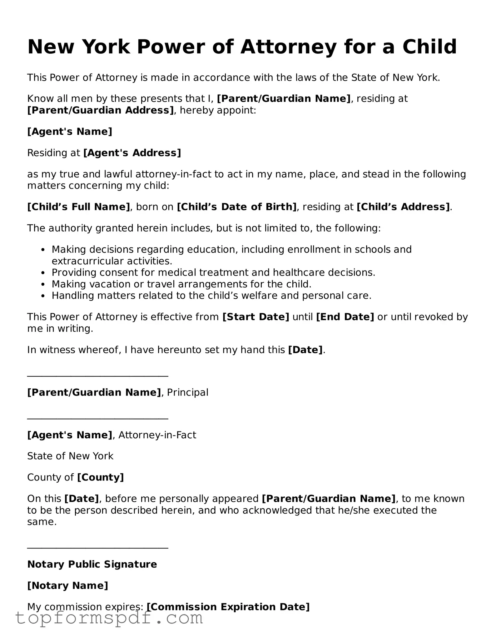 Blank New York Power of Attorney for a Child Template