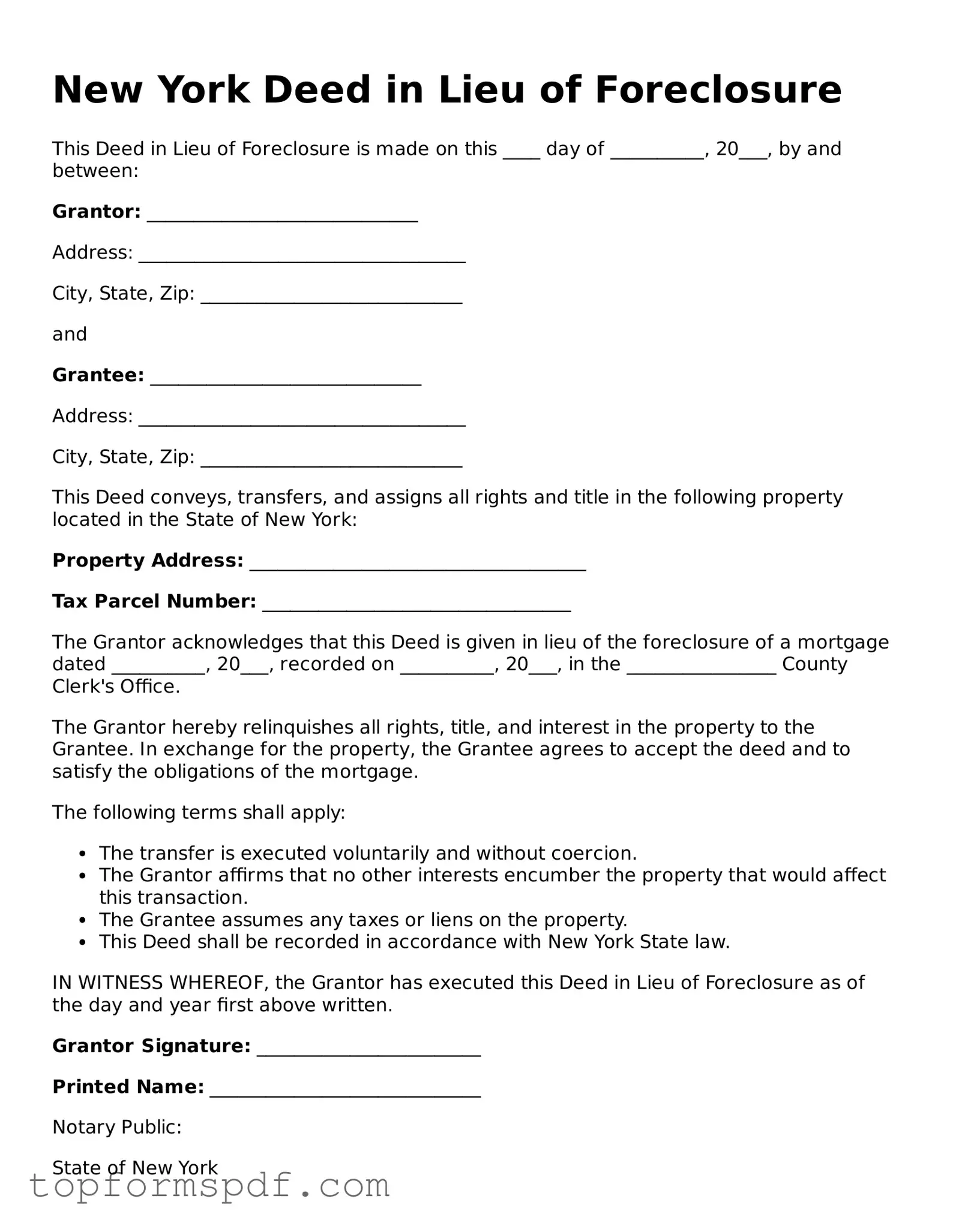 Blank New York Deed in Lieu of Foreclosure Template