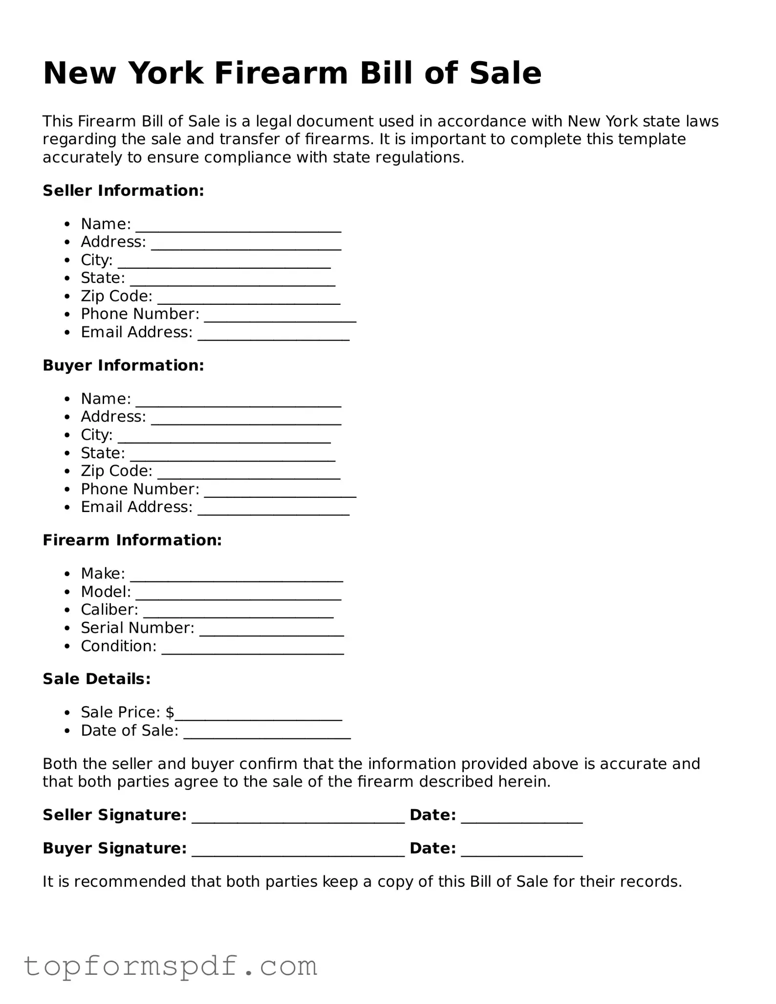 Blank New York Firearm Bill of Sale Template
