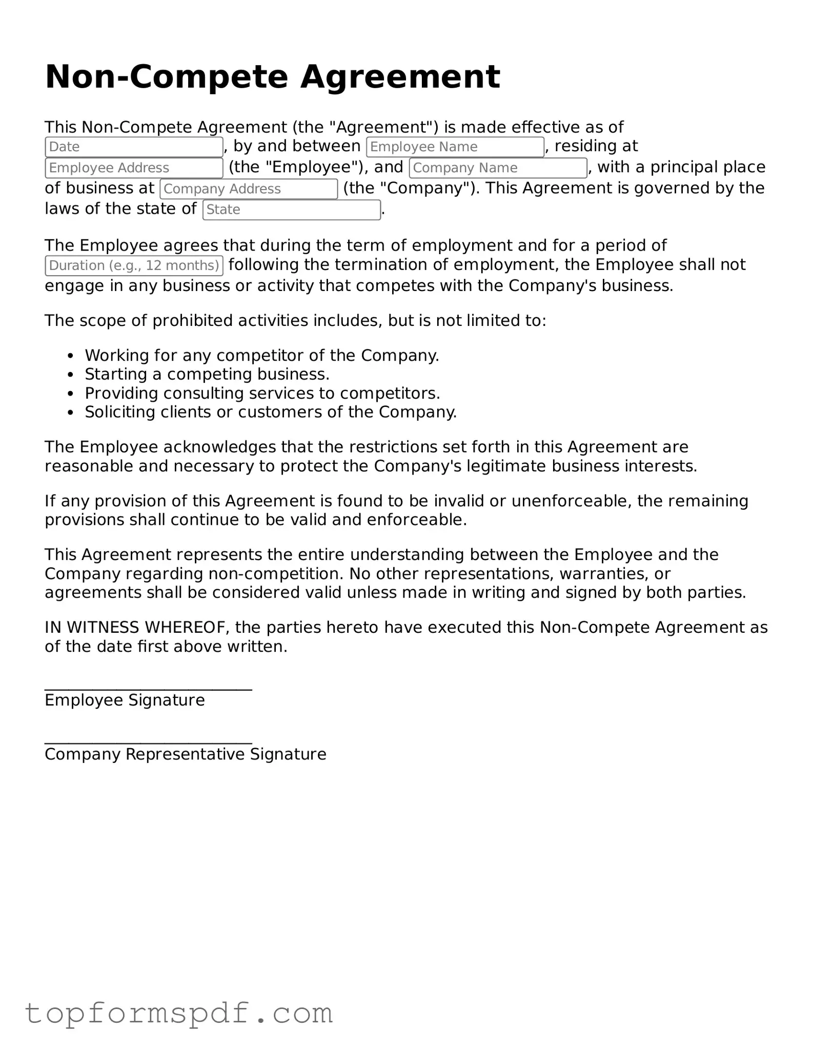 Legal Non-compete Agreement Form