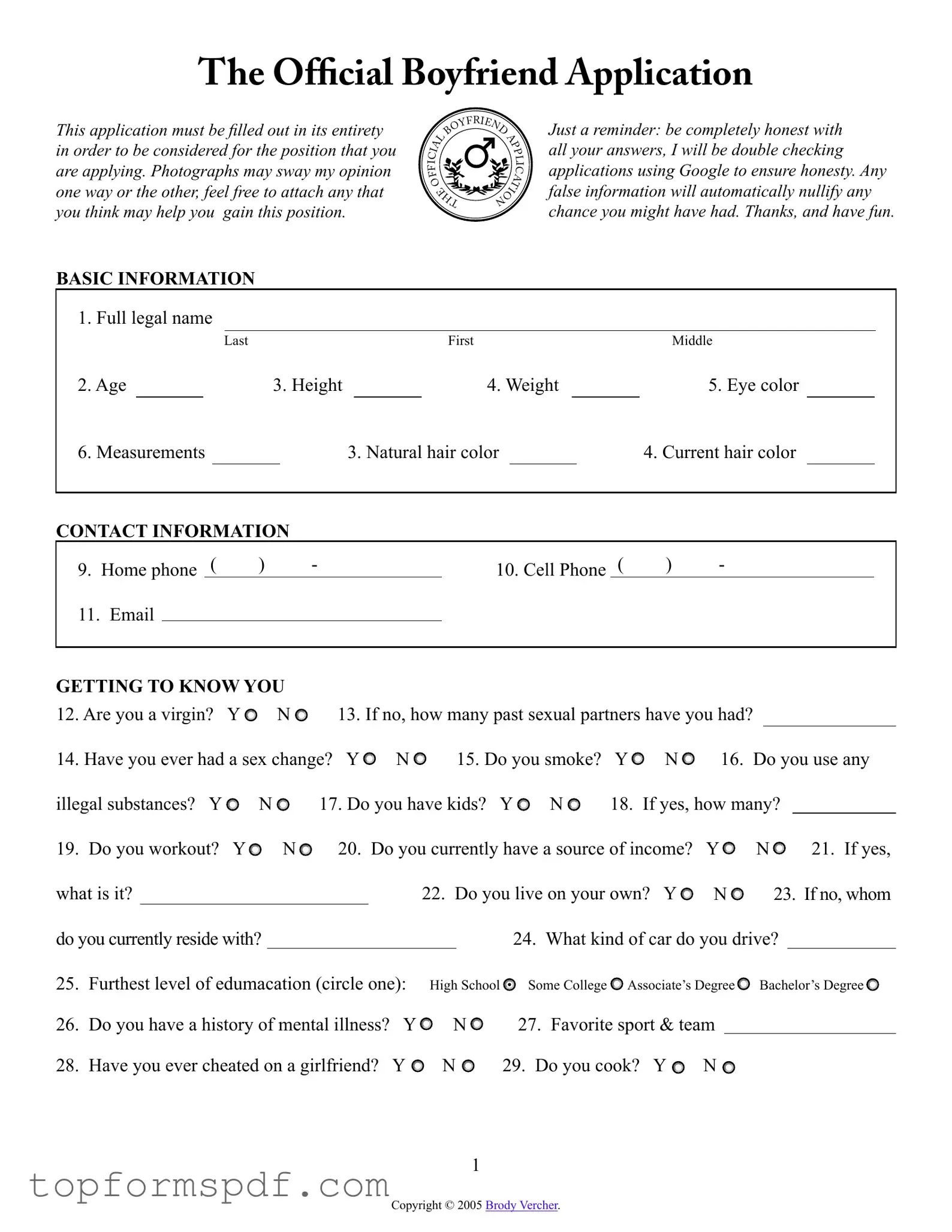 Boyfriend application form Template