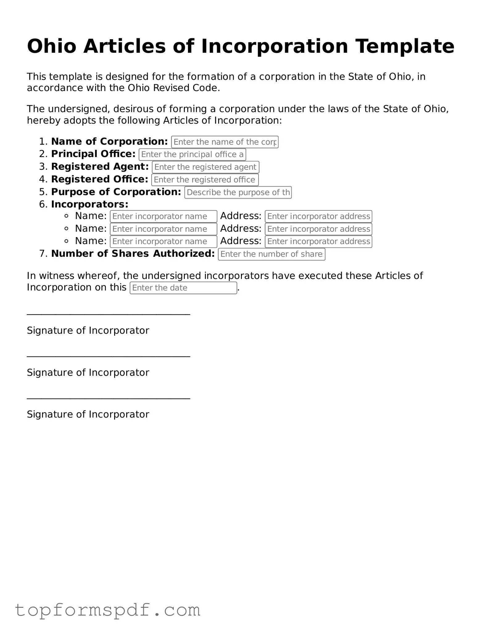 Blank Ohio Articles of Incorporation Template