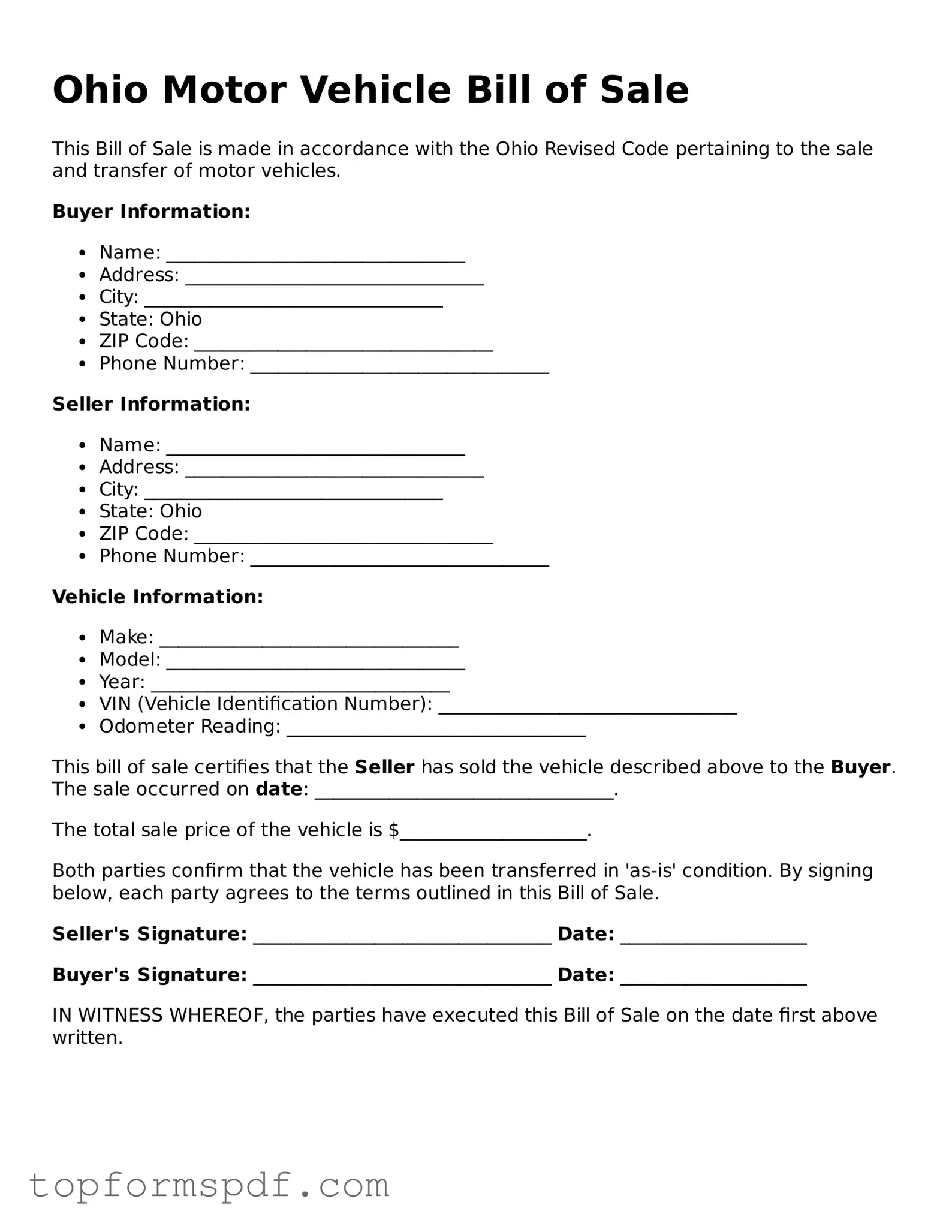 Blank Ohio Motor Vehicle Bill of Sale Template