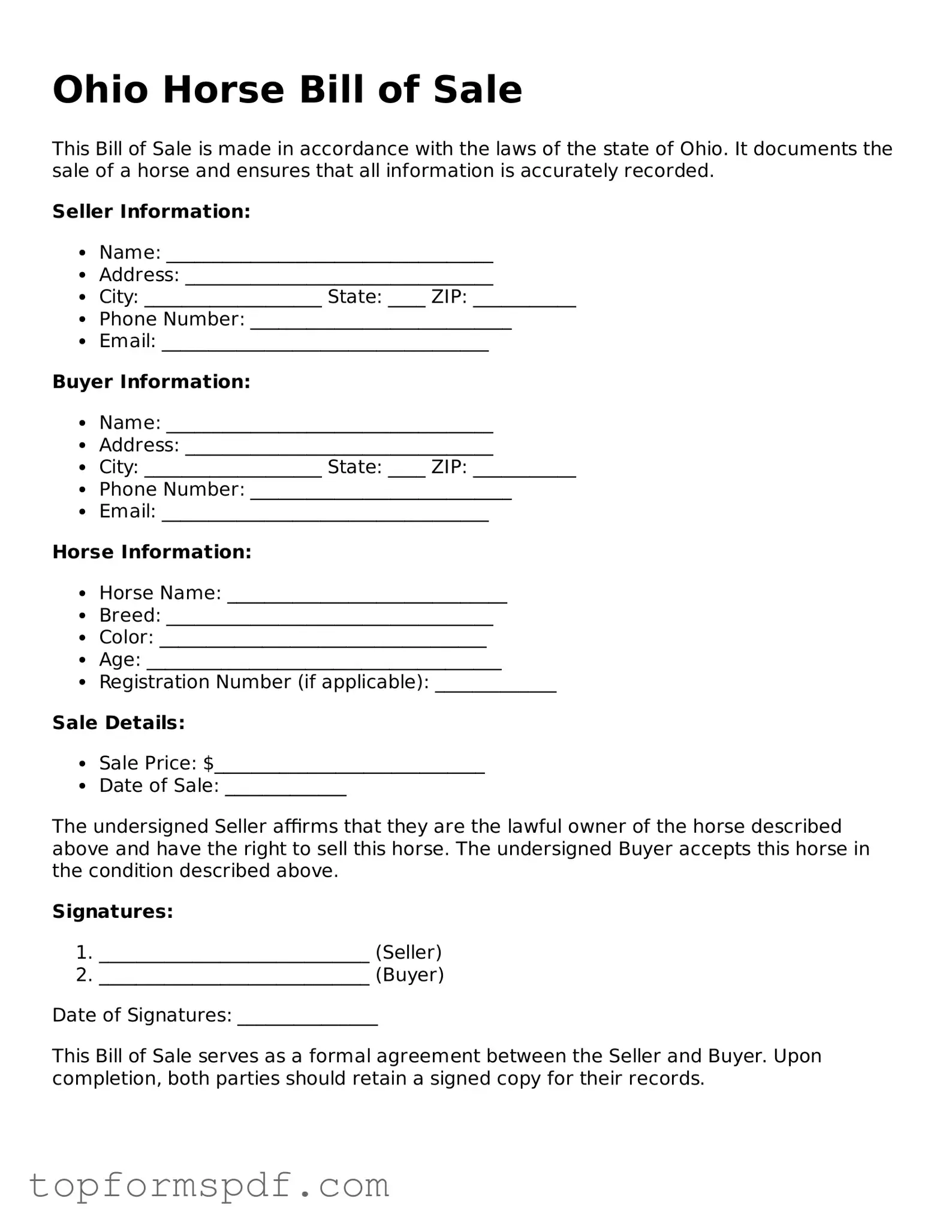 Blank Ohio Horse Bill of Sale Template