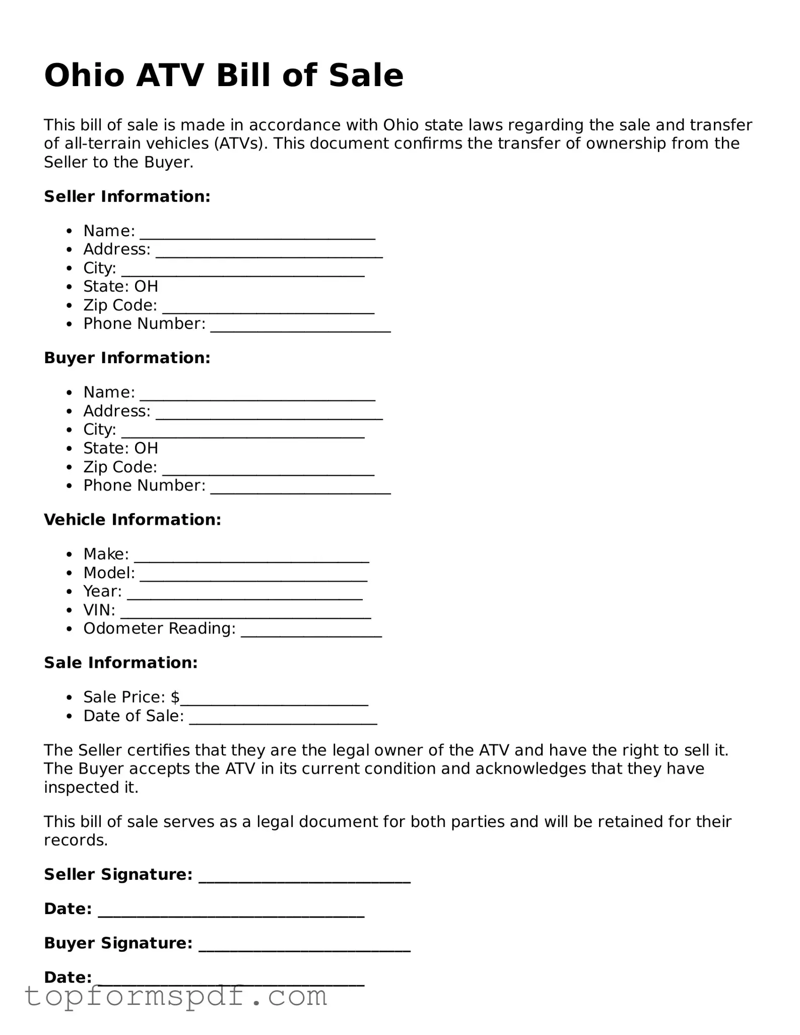 Blank Ohio ATV Bill of Sale Template
