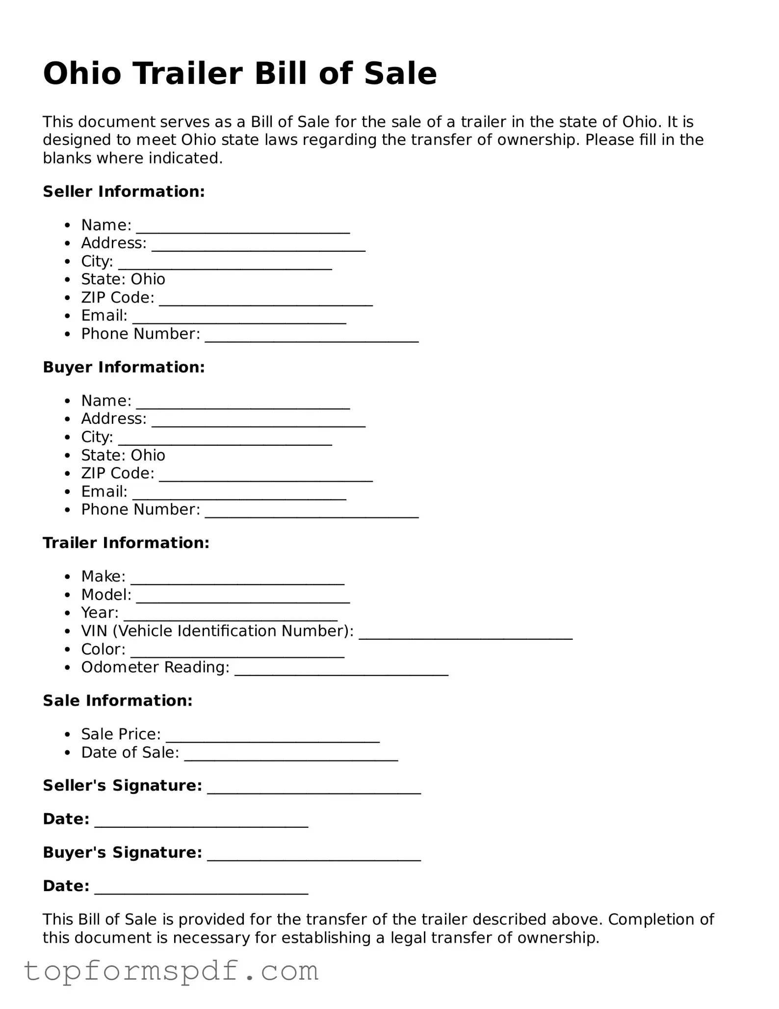 Blank Ohio Trailer Bill of Sale Template