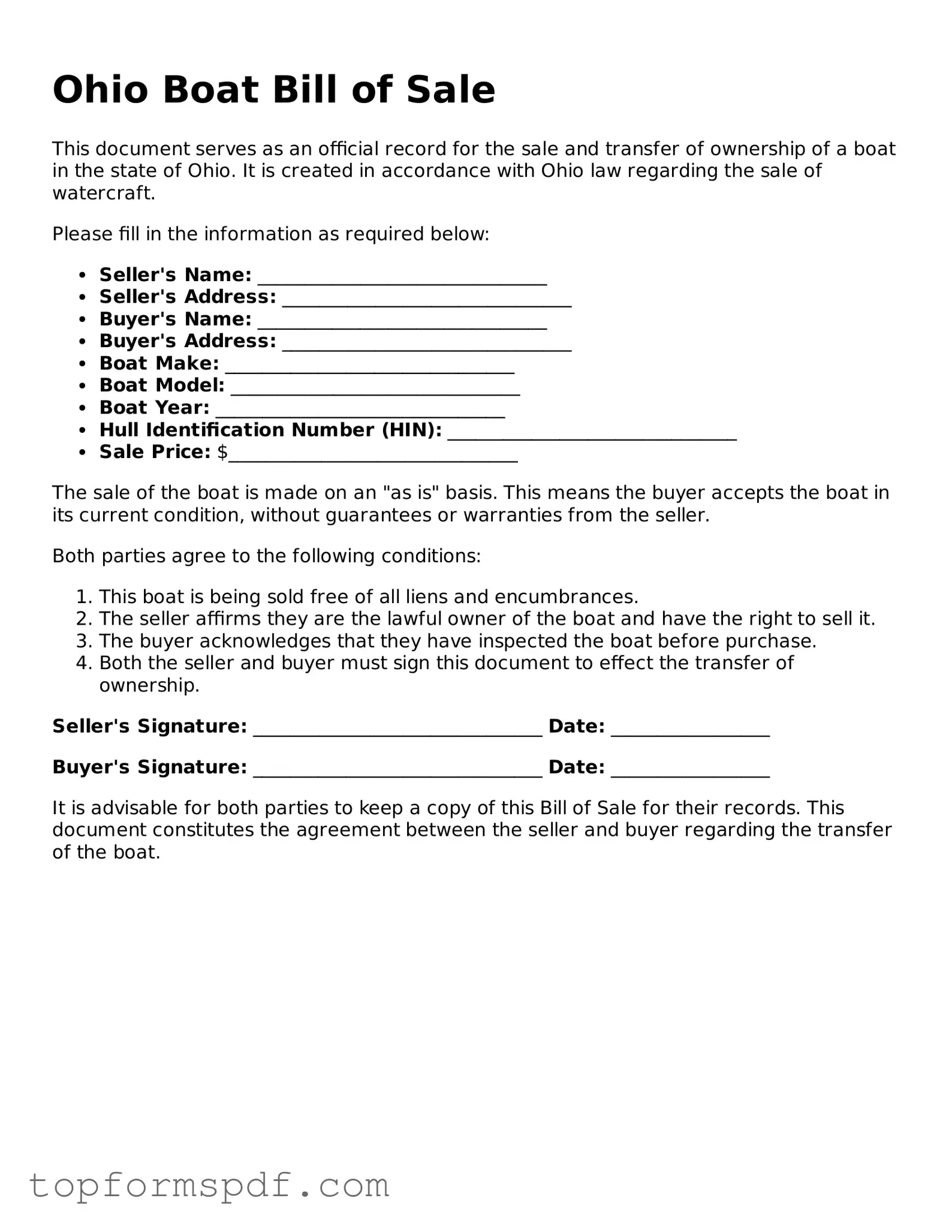 Blank Ohio Boat Bill of Sale Template