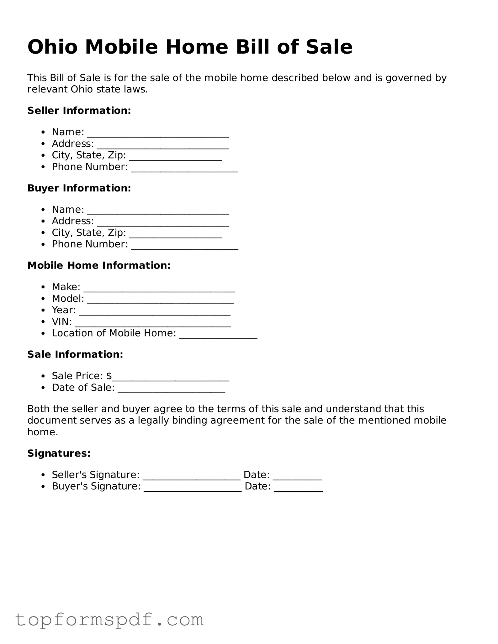 Blank Ohio Mobile Home Bill of Sale Template