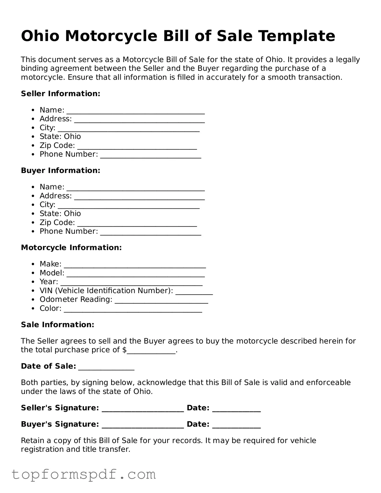 Blank Ohio Motorcycle Bill of Sale Template