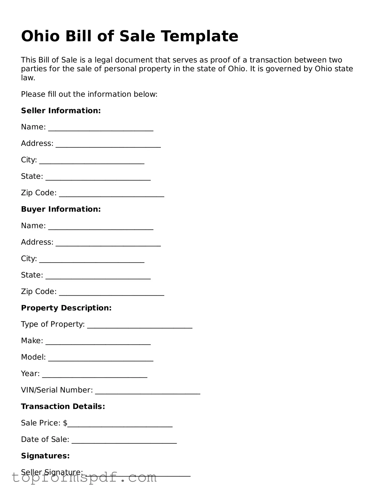 Blank Ohio Bill of Sale Template