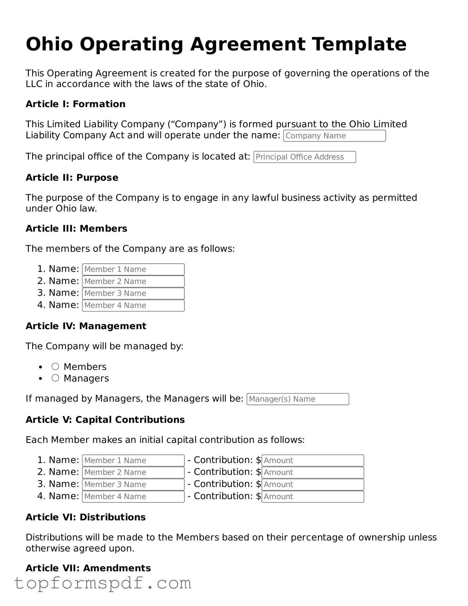 Blank Ohio Operating Agreement Template