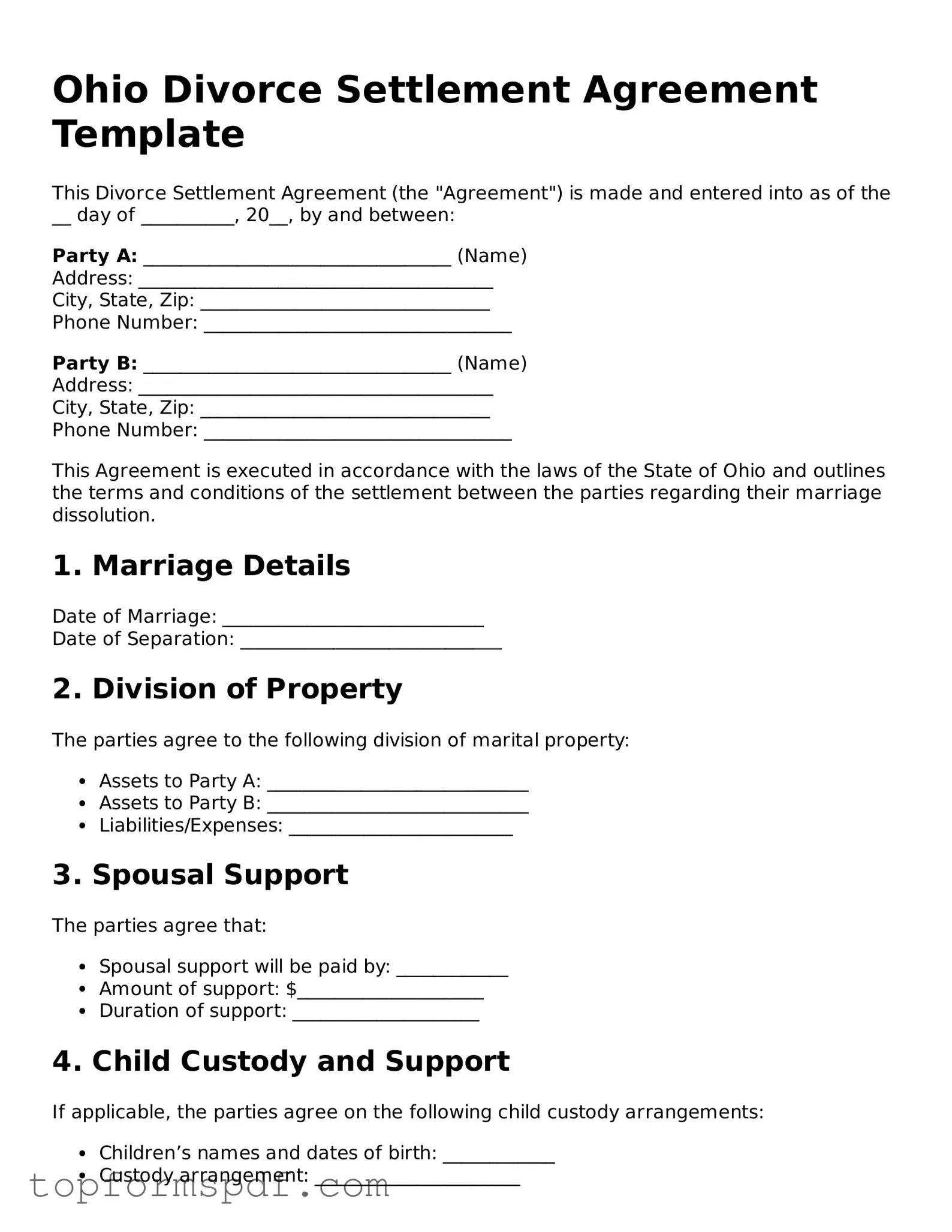 Blank Ohio Divorce Settlement Agreement Template