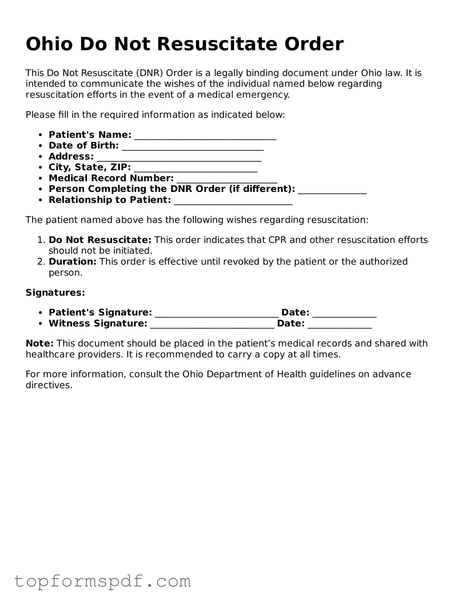Blank Ohio Do Not Resuscitate Order Template