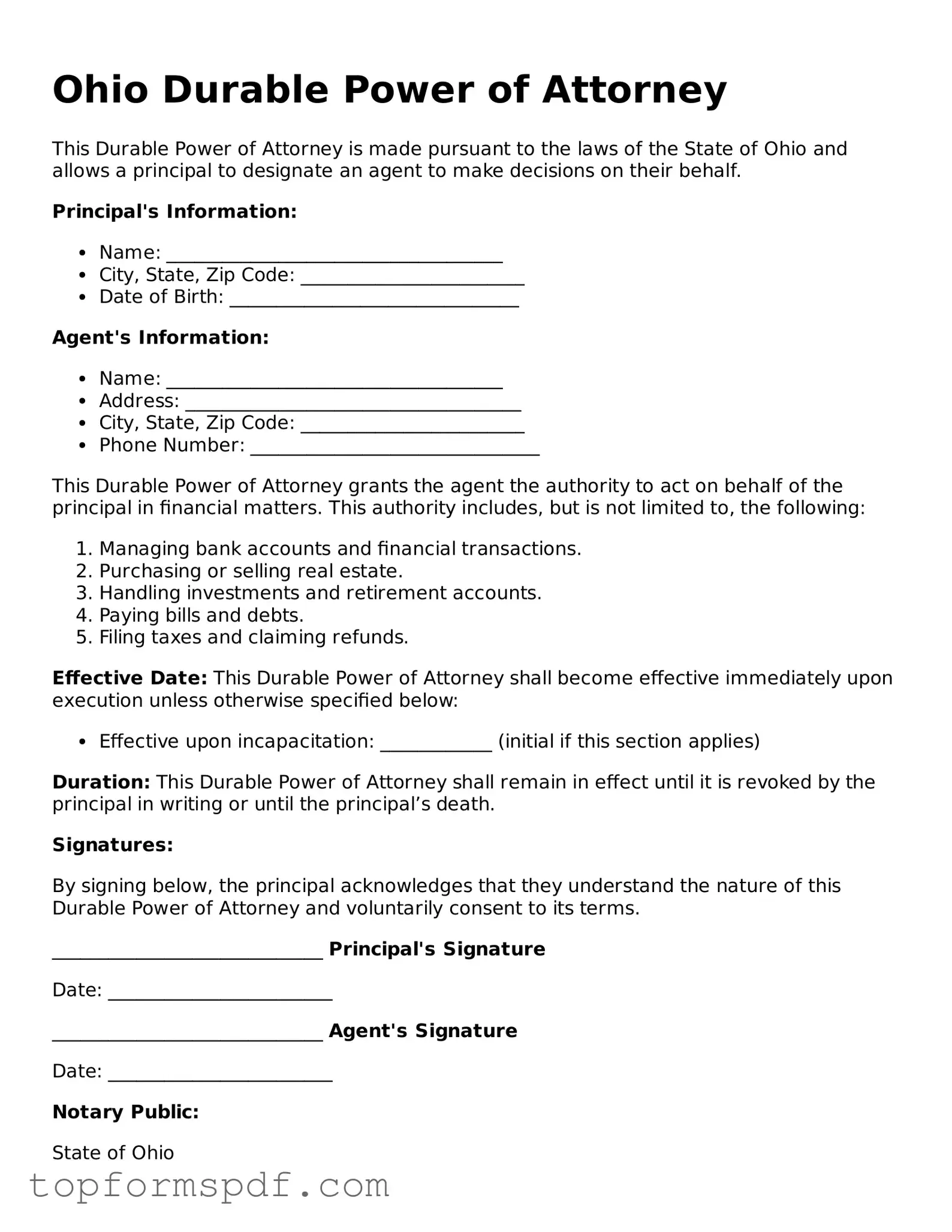 Blank Ohio Durable Power of Attorney Template