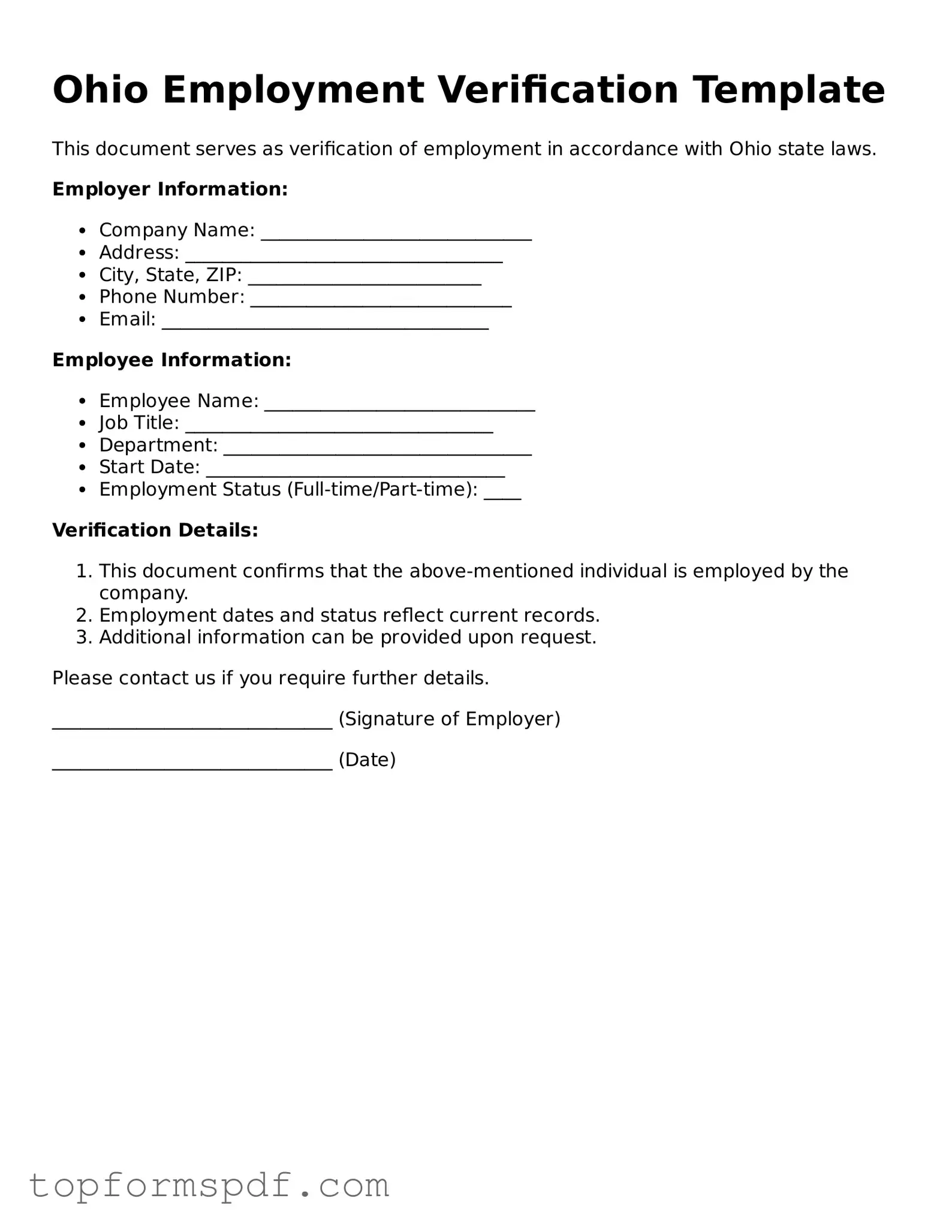 Blank Ohio Employment Verification Template