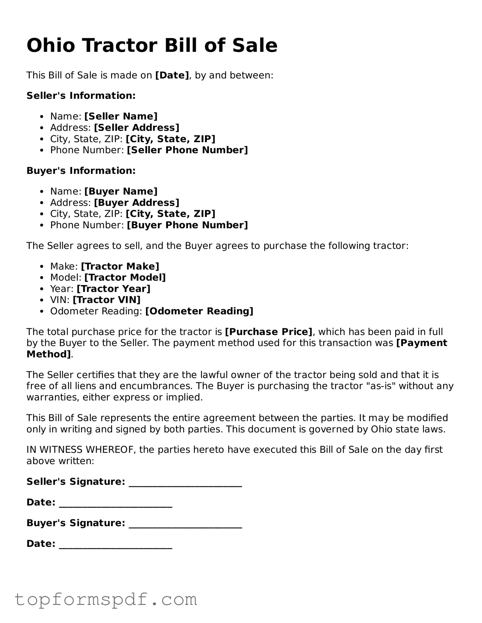 Blank Ohio Tractor Bill of Sale Template