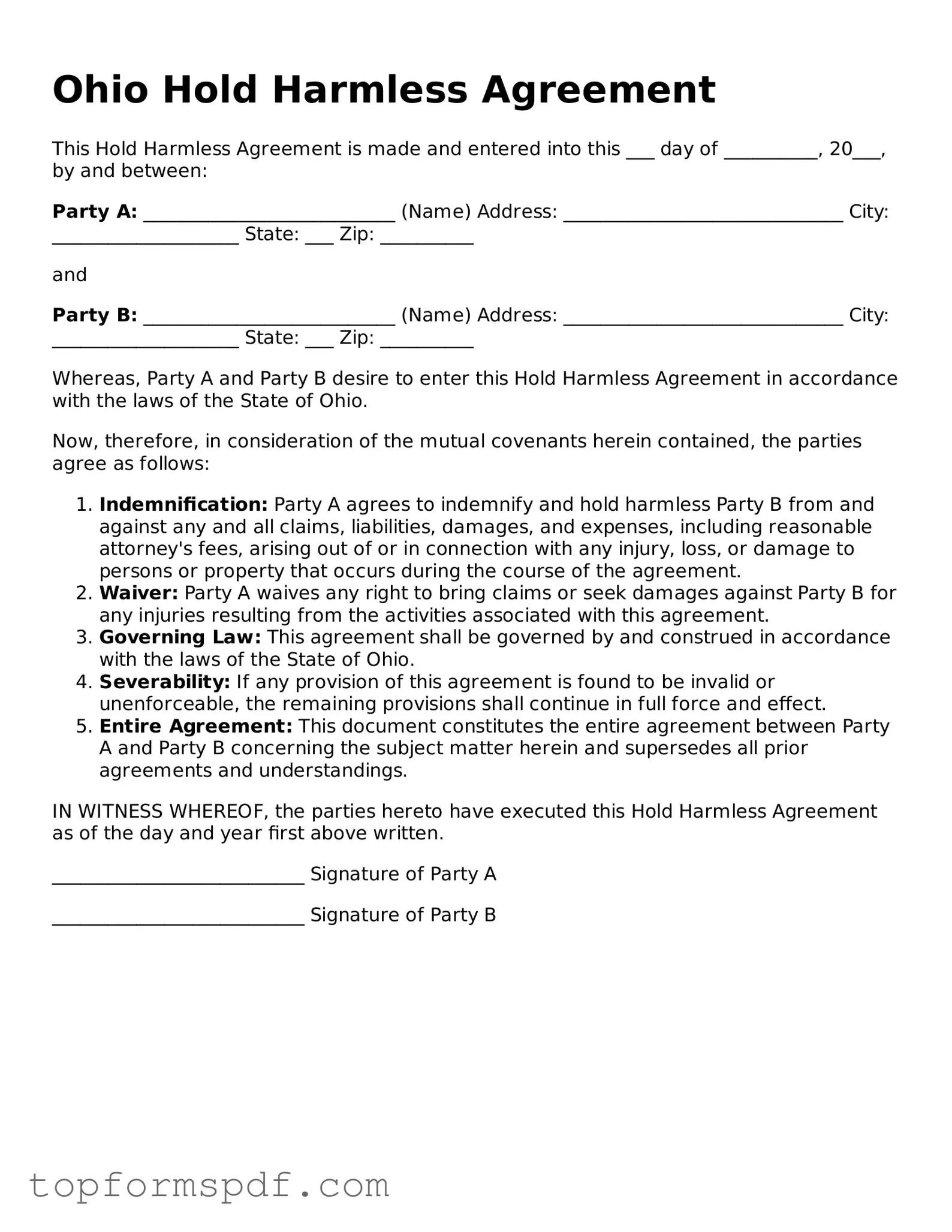 Blank Ohio Hold Harmless Agreement Template