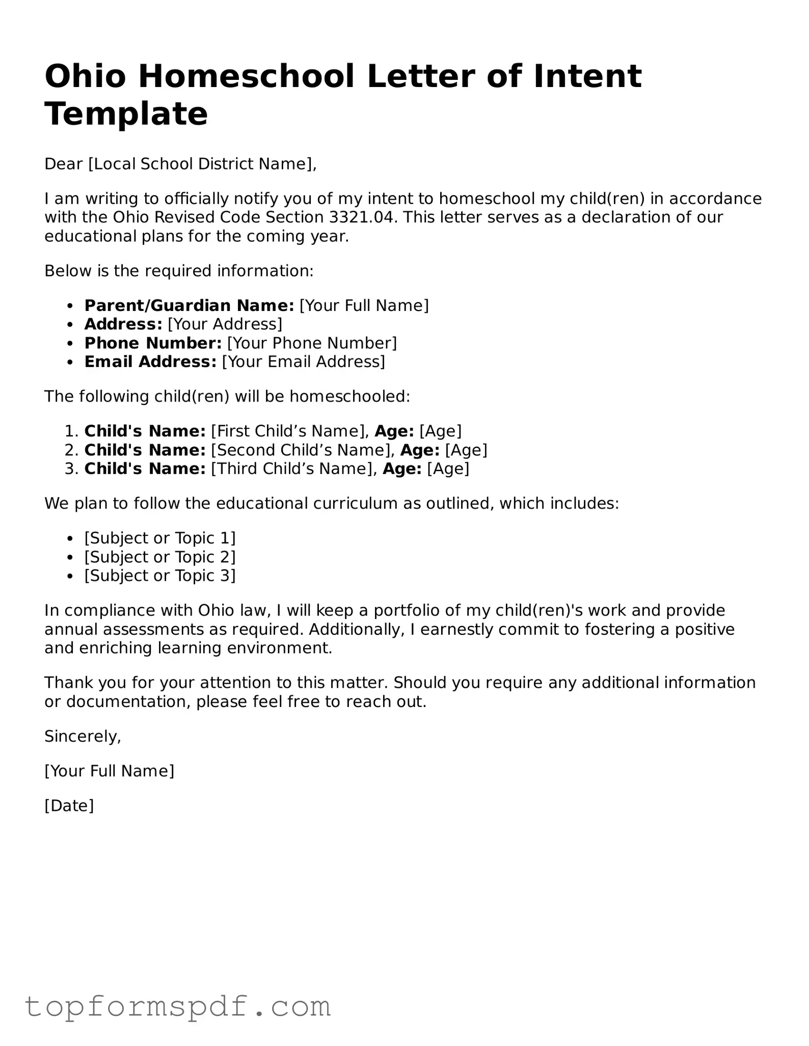 Blank Ohio Homeschool Letter of Intent Template