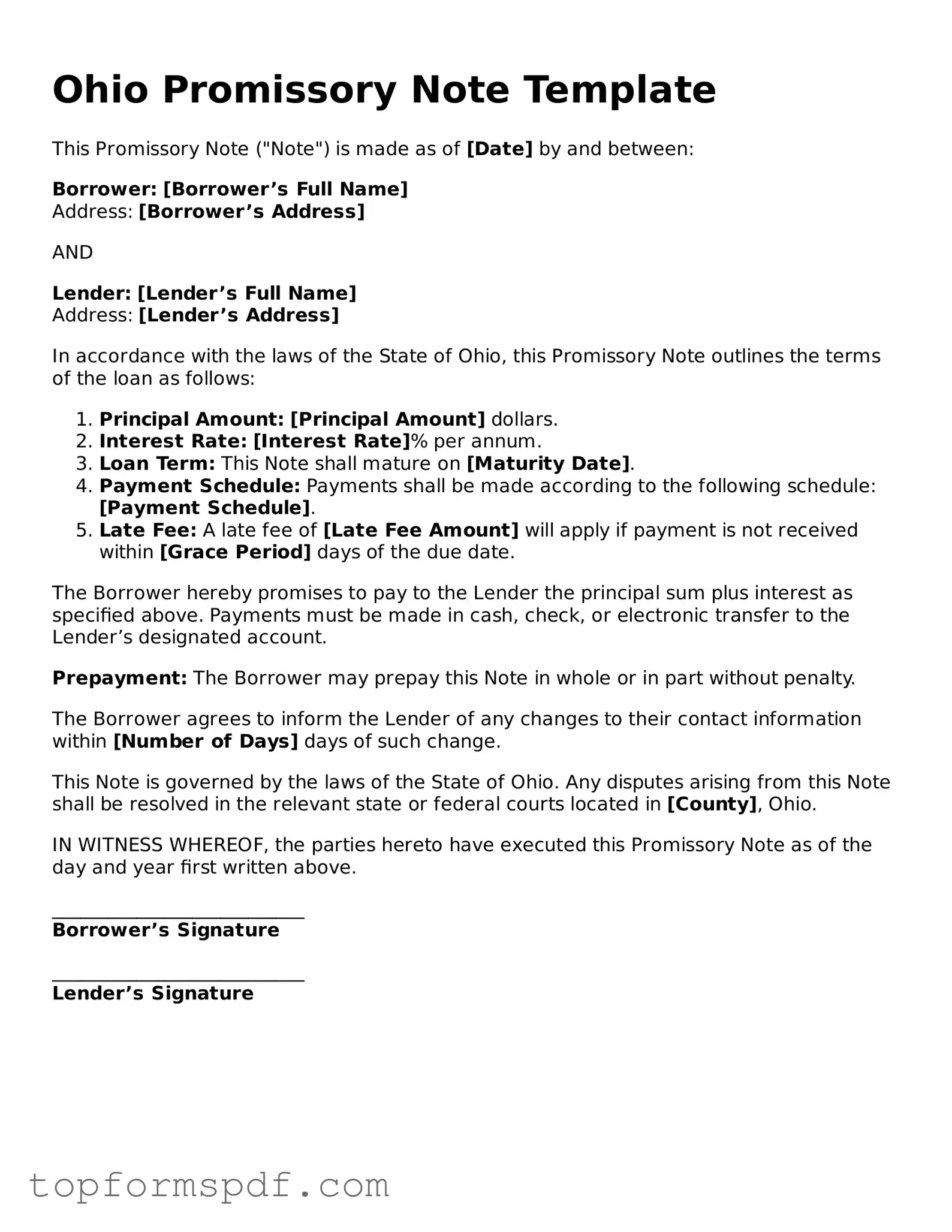 Blank Ohio Promissory Note Template