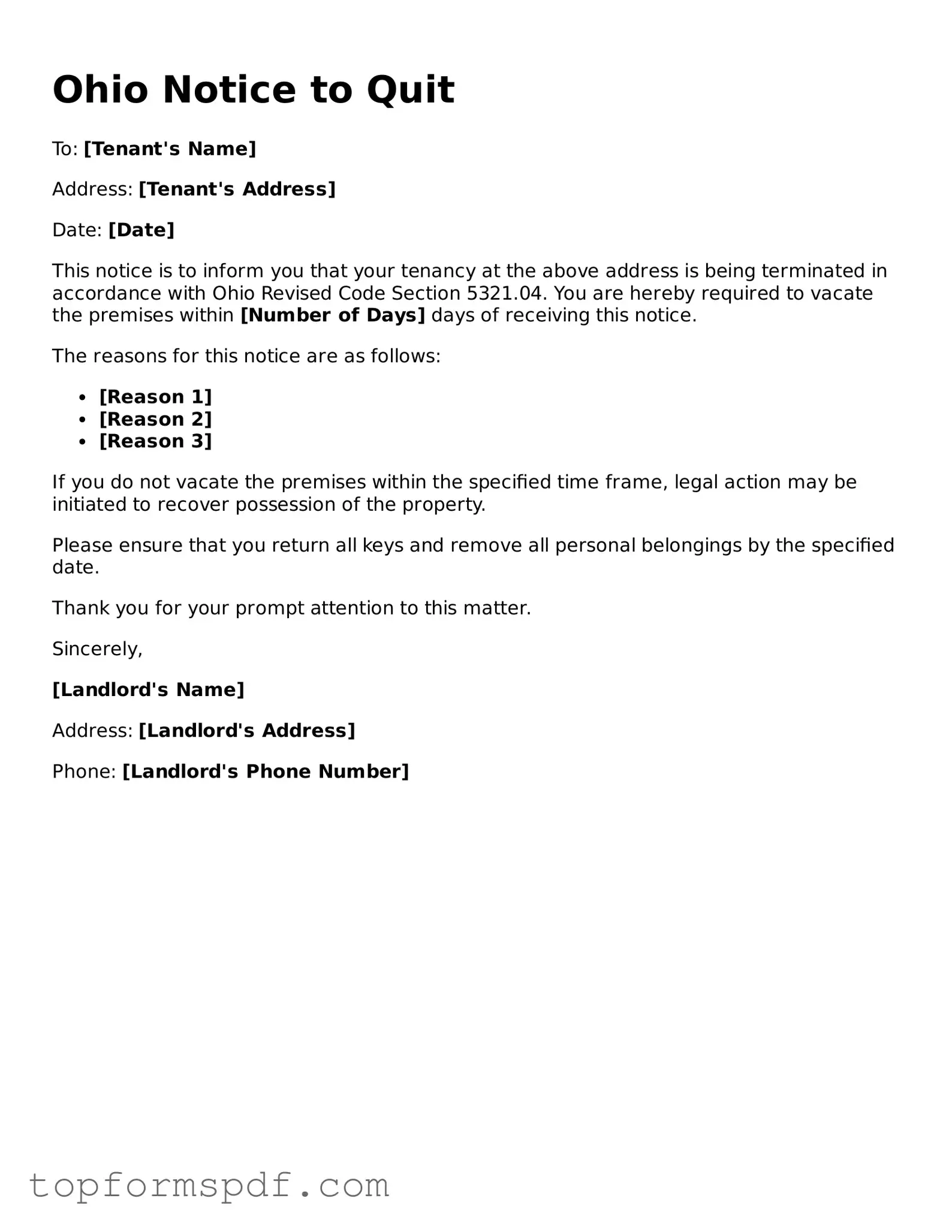 Blank Ohio Notice to Quit Template