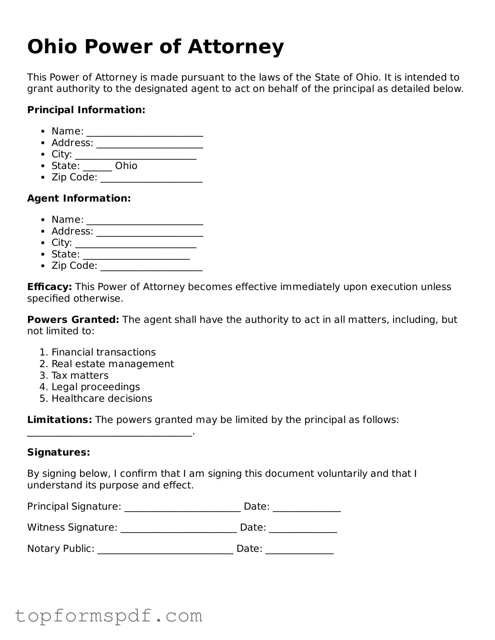 Blank Ohio Power of Attorney Template