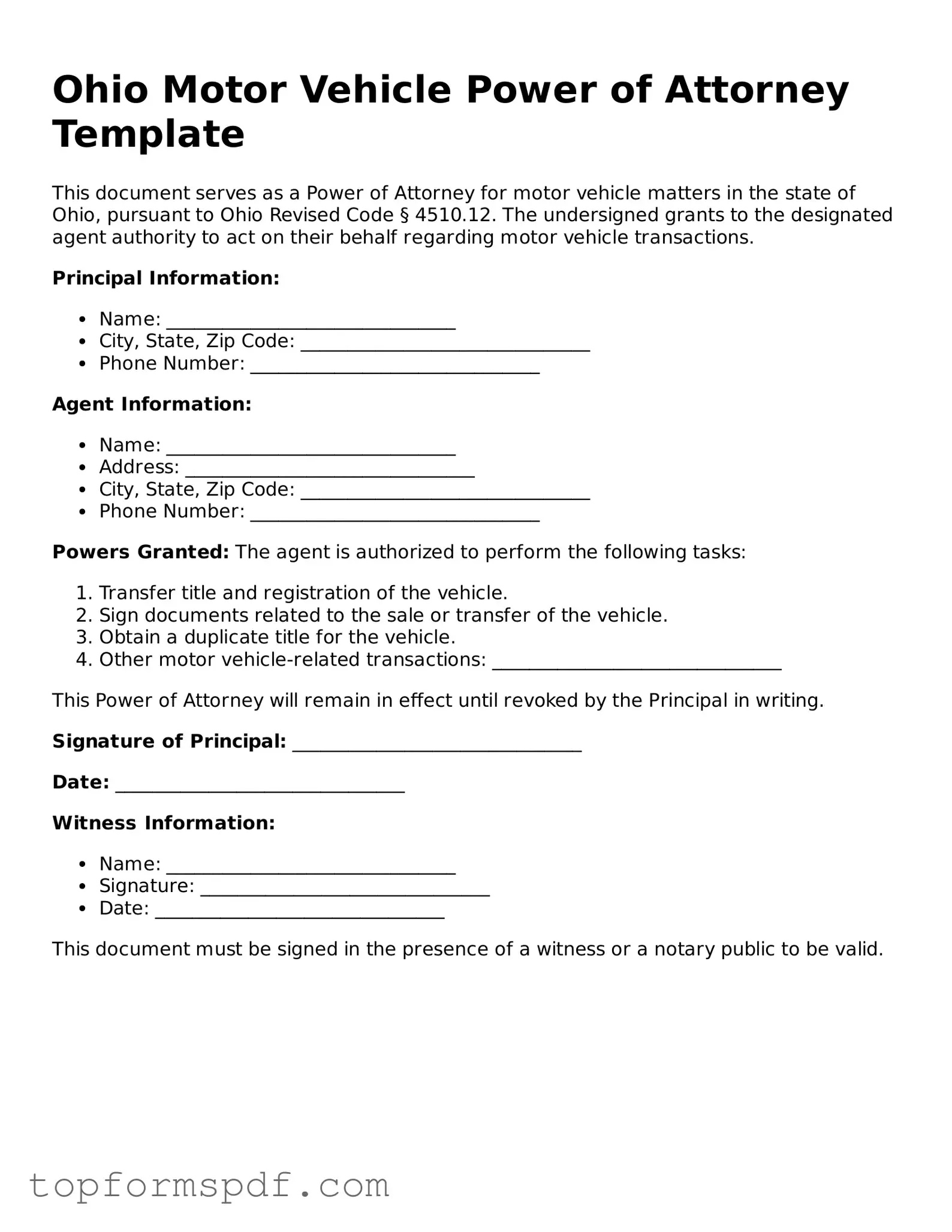 Blank Ohio Motor Vehicle Power of Attorney Template
