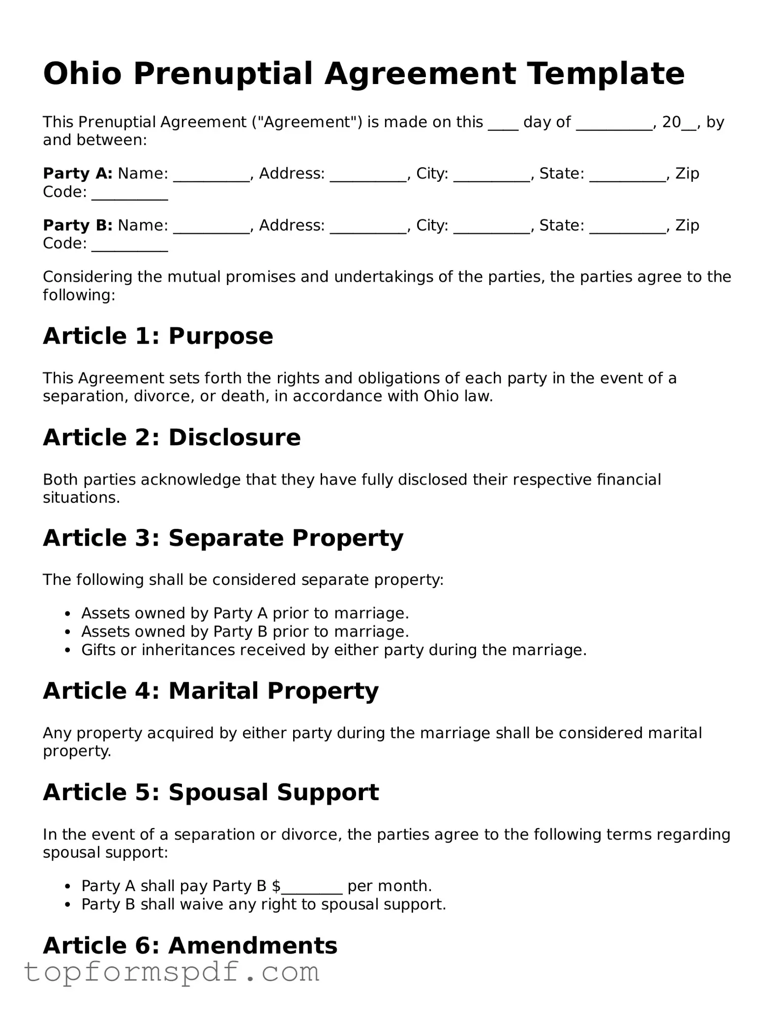 Blank Ohio Prenuptial Agreement Template