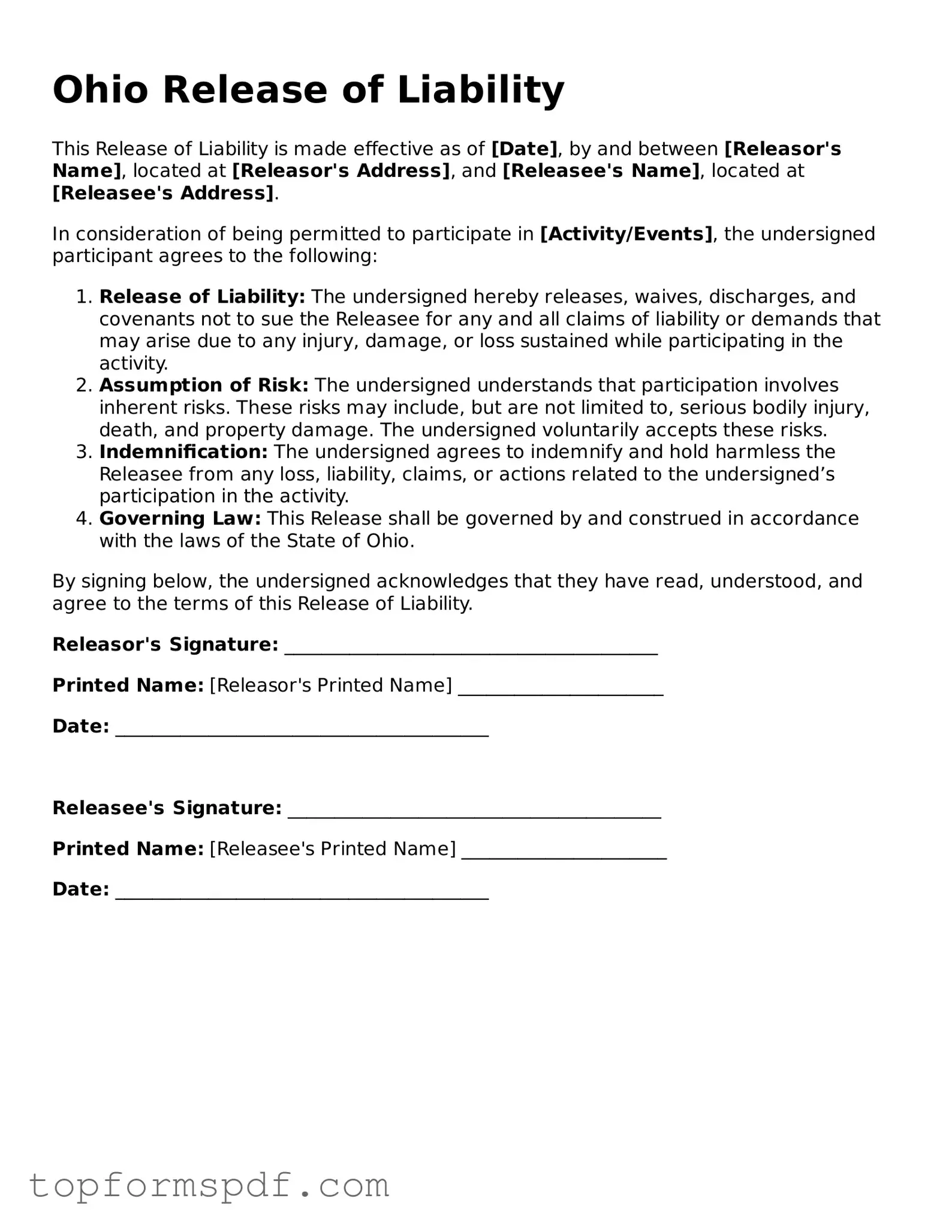 Blank Ohio Release of Liability Template