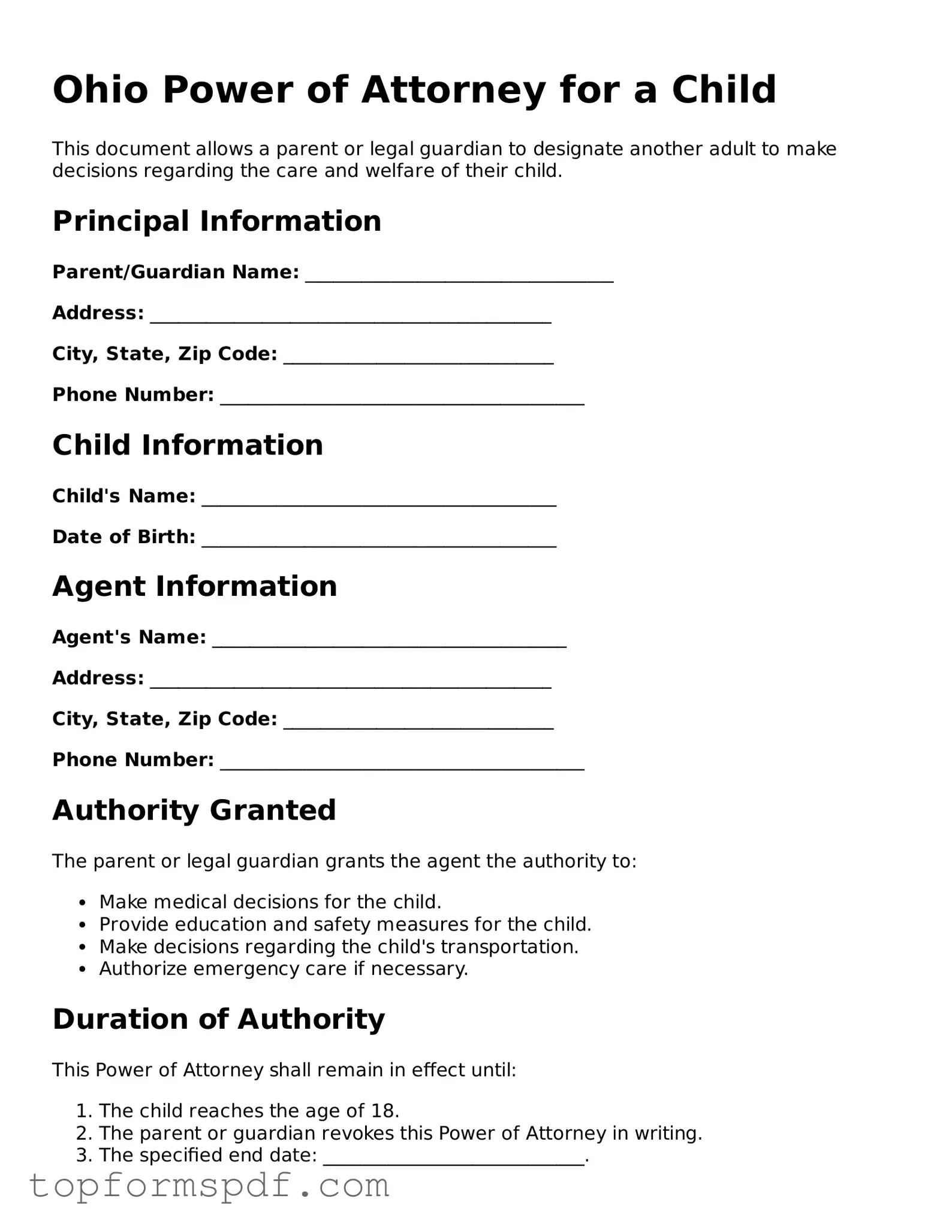 Blank Ohio Power of Attorney for a Child Template