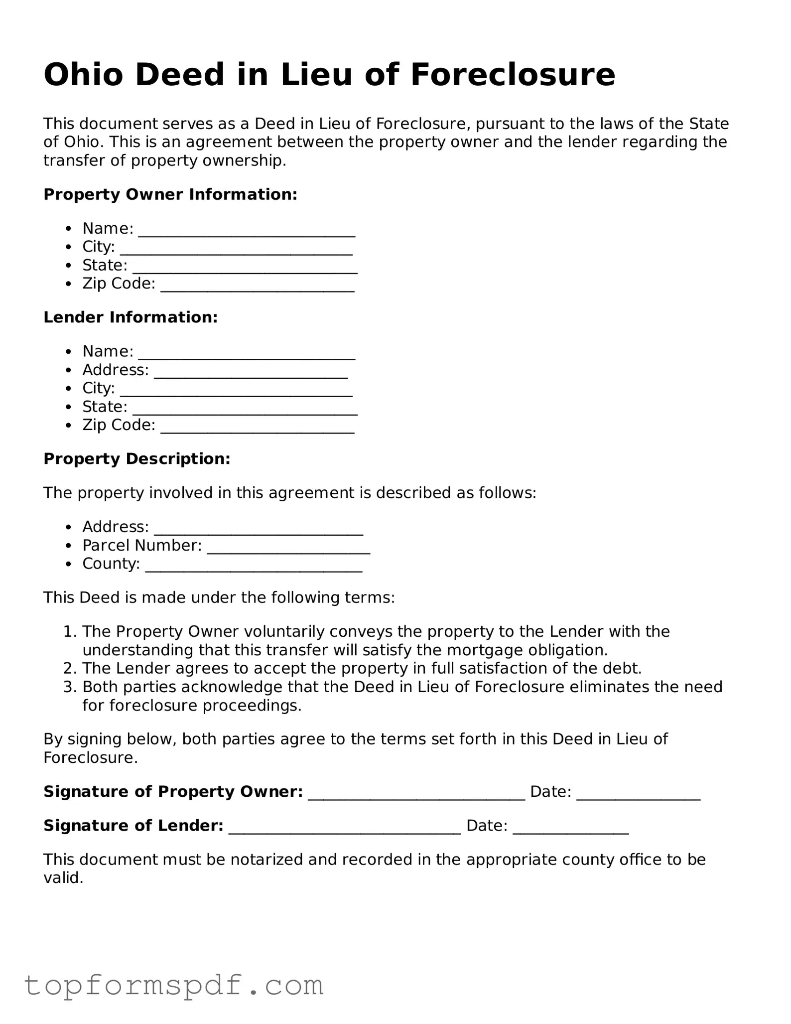 Blank Ohio Deed in Lieu of Foreclosure Template