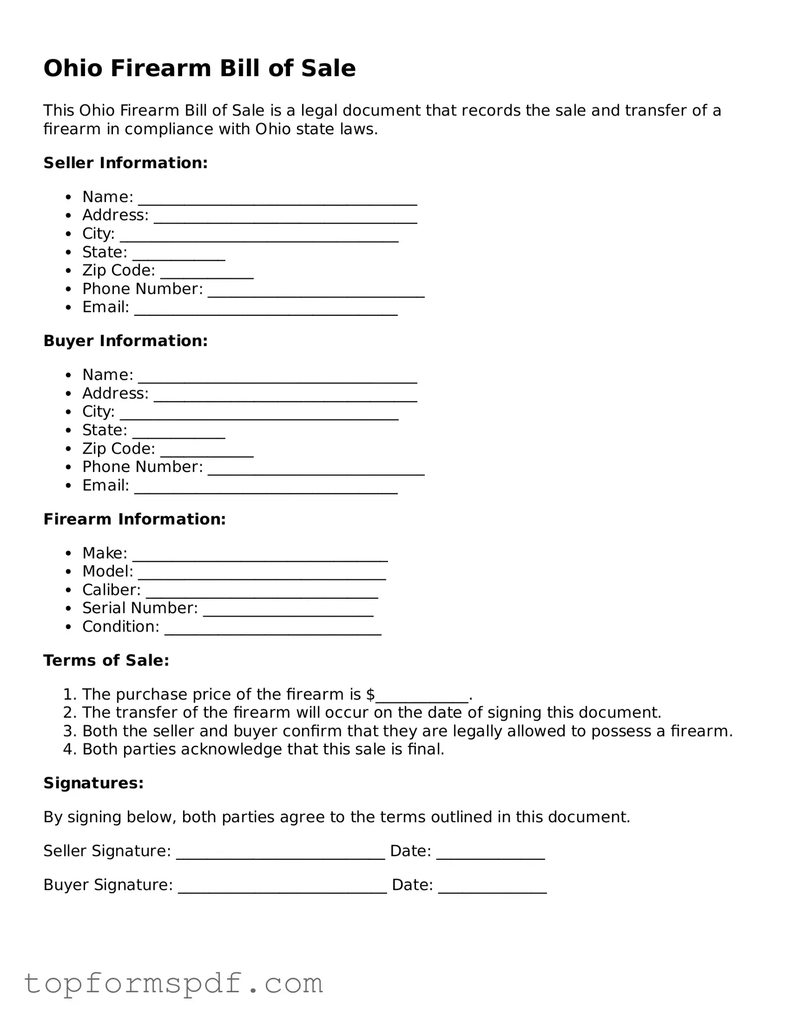 Blank Ohio Firearm Bill of Sale Template