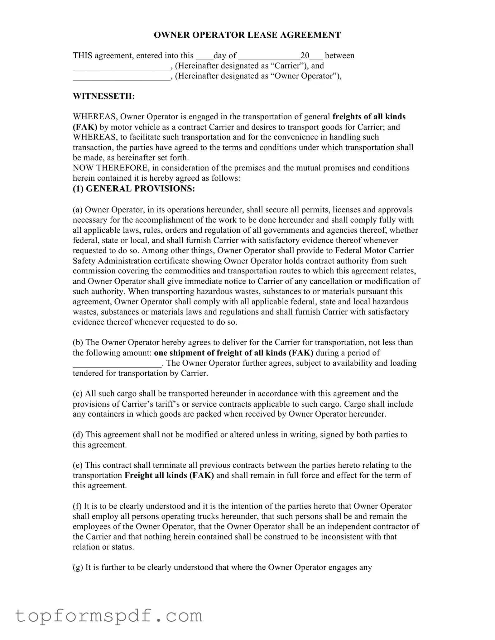 Owner Operator Lease Agreement Template