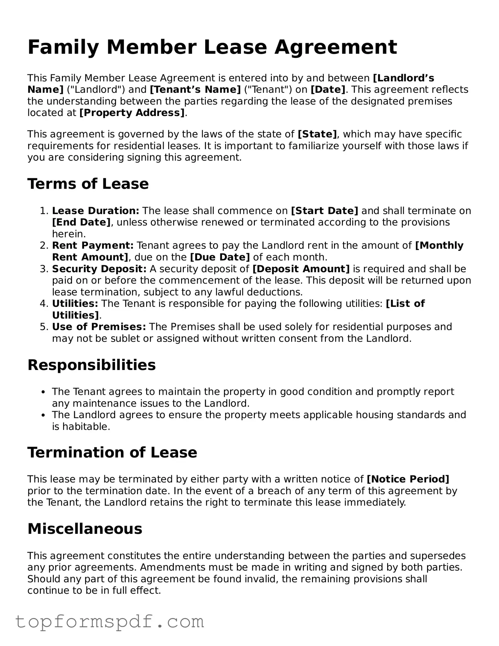 Legal Family Member Lease Agreement Form